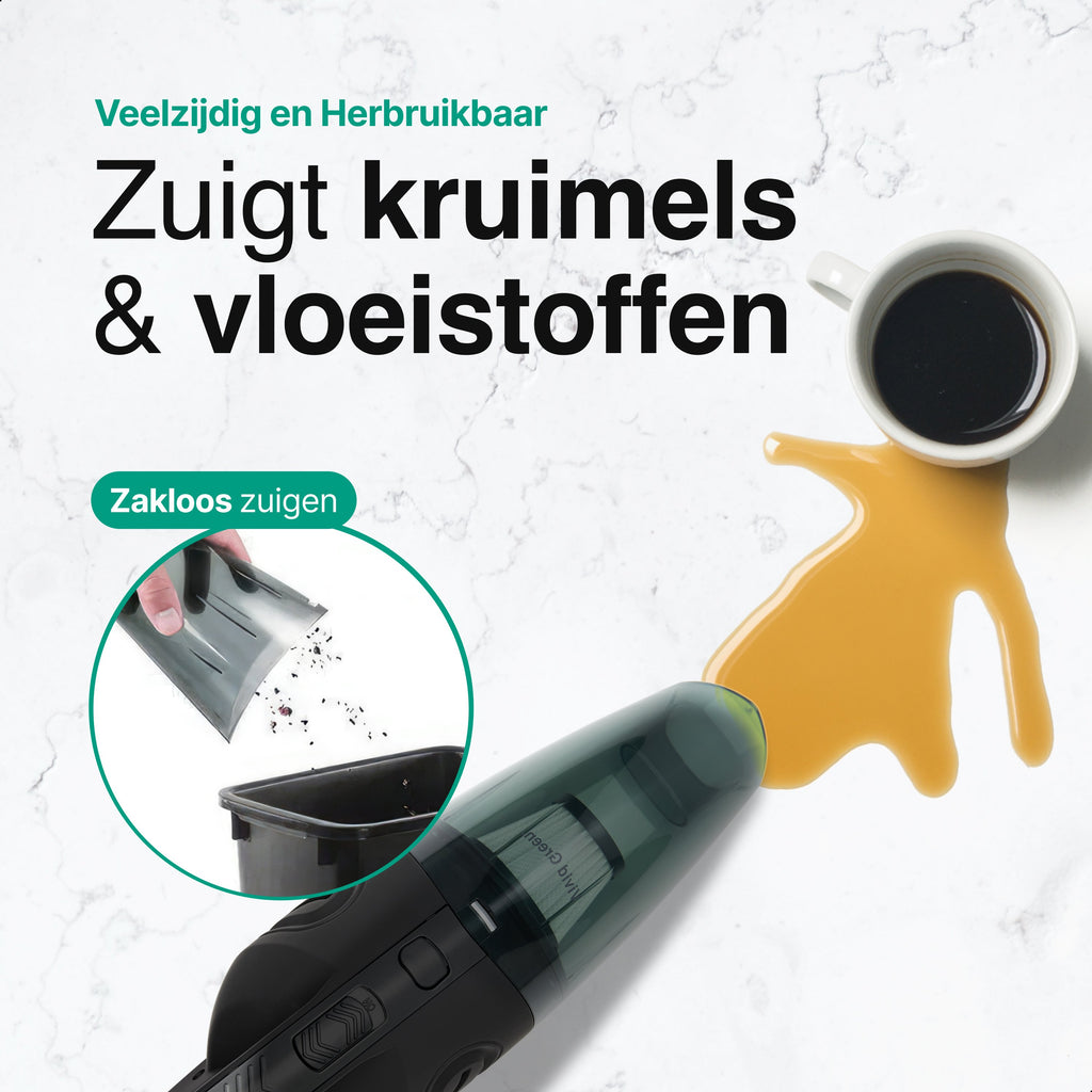Kruimelzuiger Snoerloos - Handstofzuiger met 5 opzetstukken - Kruimelzuiger - Zwart - Vivid Green