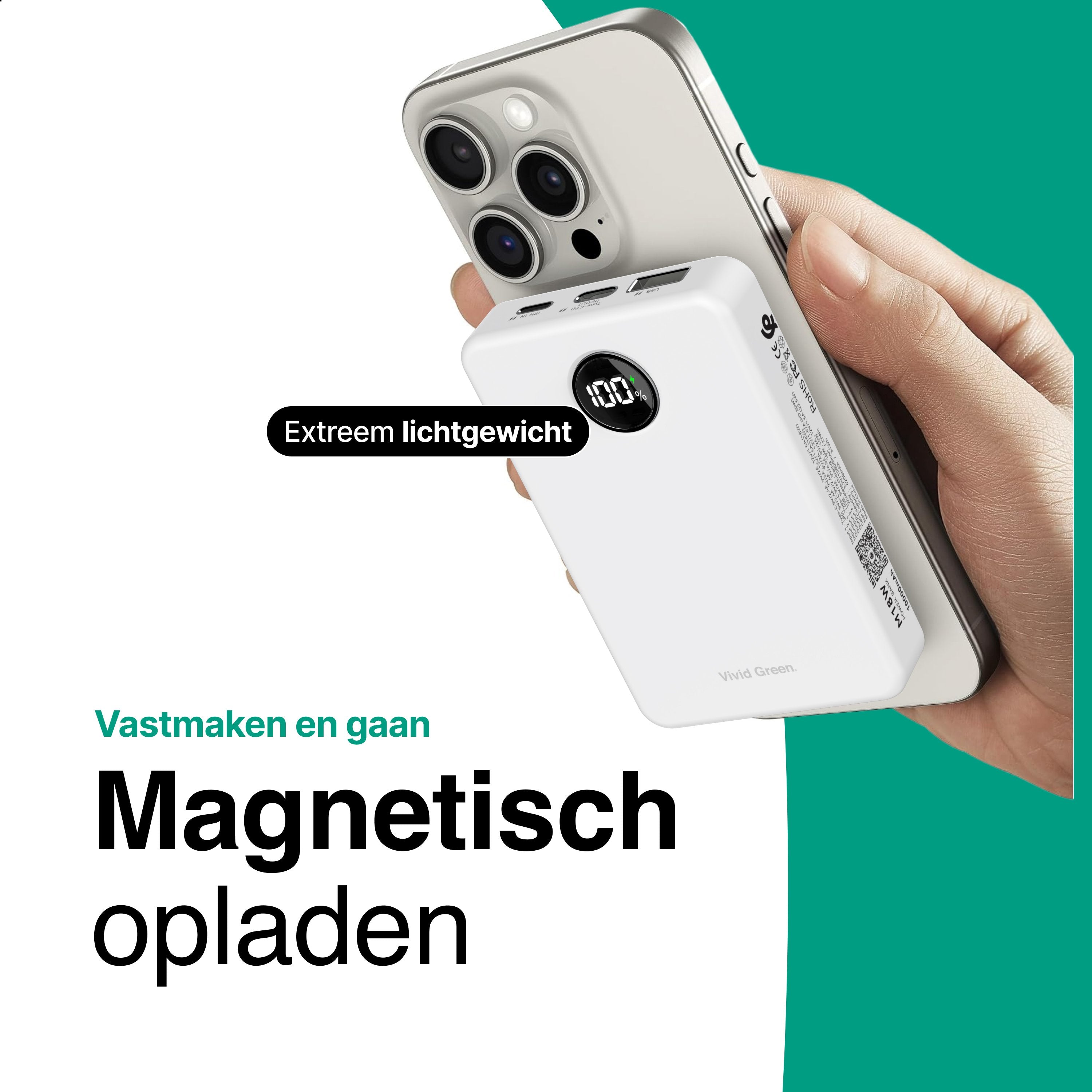 Draadloze Powerbank 10.000 mAh - Wit - Vivid Green