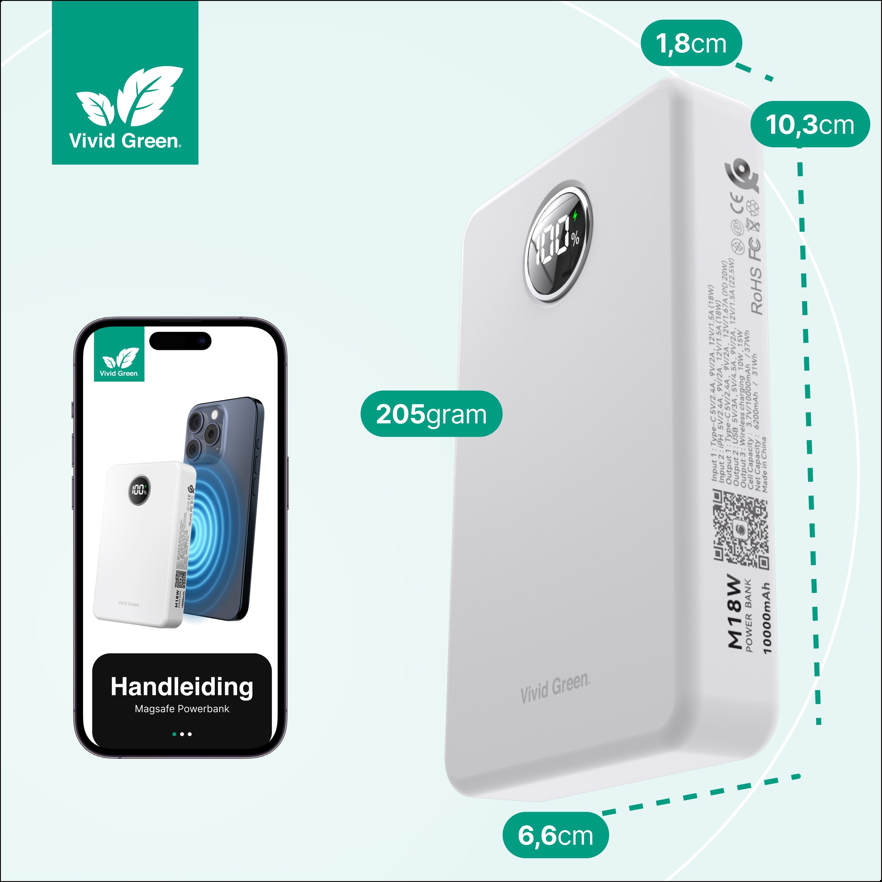Draadloze Powerbank 10.000 mAh - Wit - Vivid Green