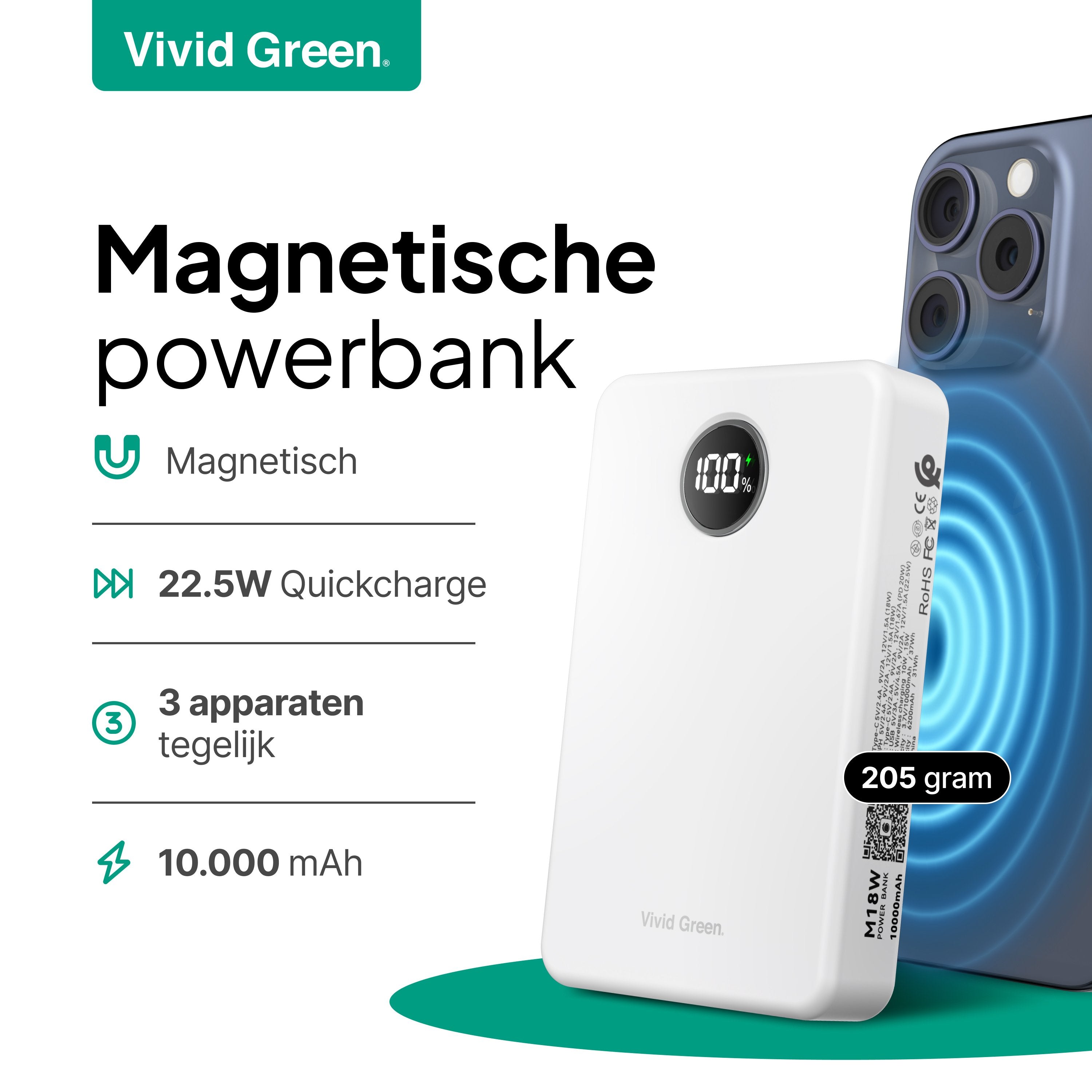 Draadloze Powerbank 10.000 mAh - Wit - Vivid Green