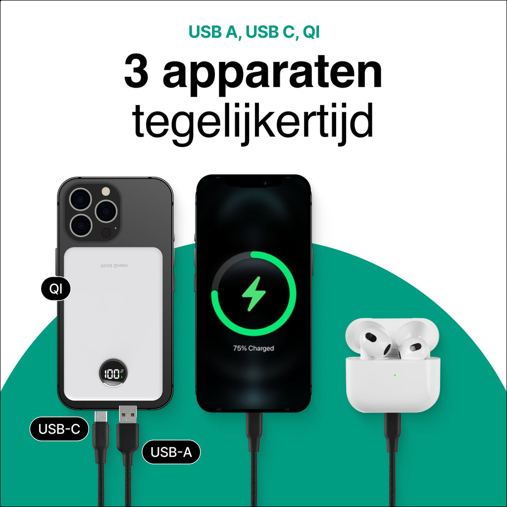 Draadloze Powerbank 10.000 mAh - Wit - Vivid Green