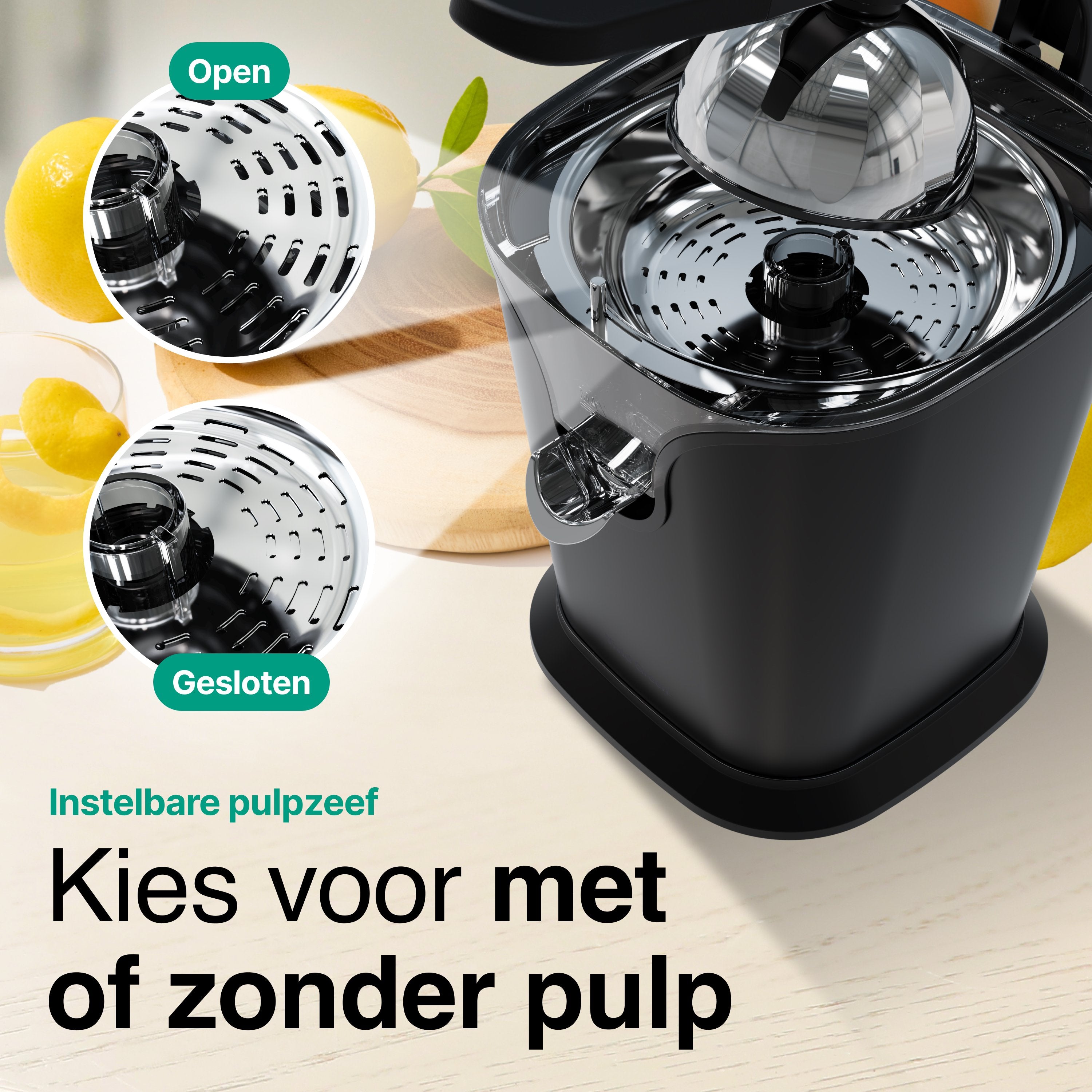 Elektrische Citruspers met Instelbaar Pulpfilter - 160W - 650ml - Sinaasappelpers -Zwart - Vivid Green