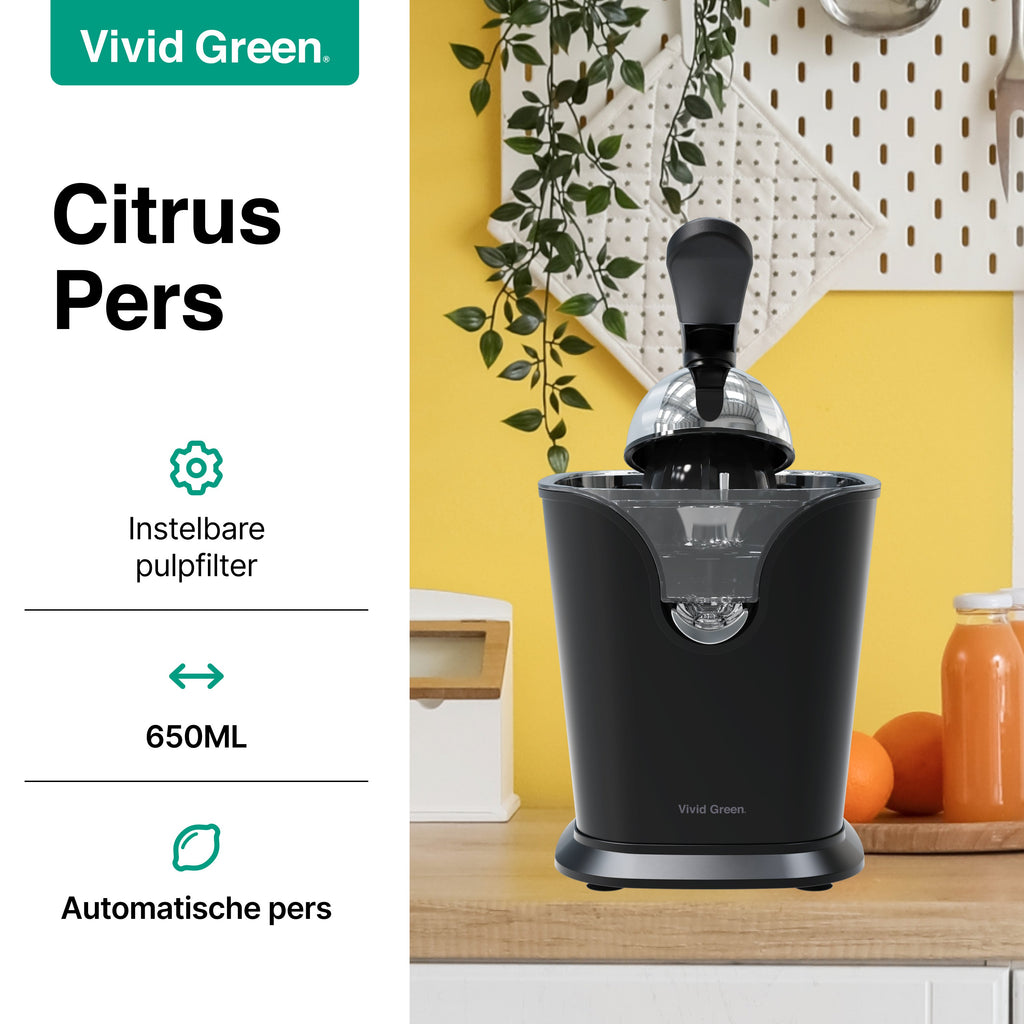 Elektrische Citruspers met Instelbaar Pulpfilter - 160W - 650ml - Sinaasappelpers -Zwart - Vivid Green