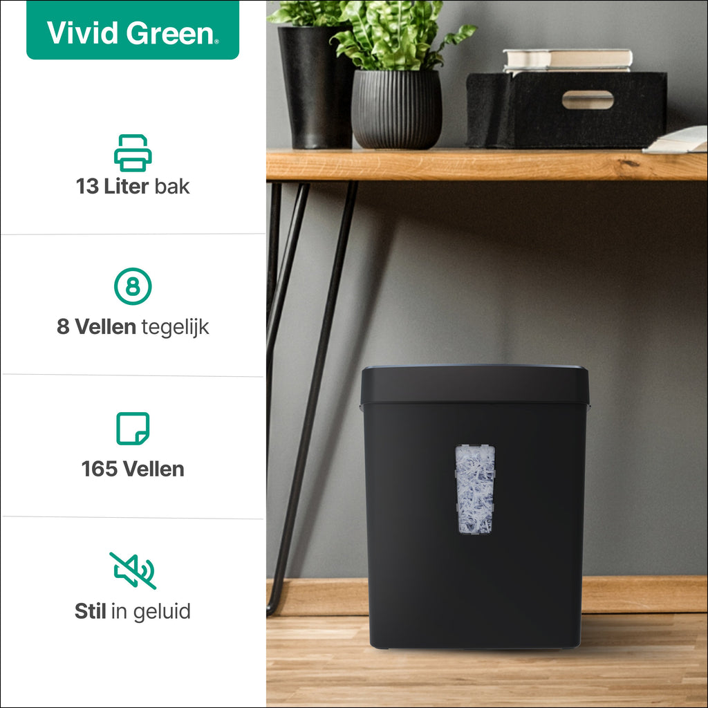 Papierversnipperaar - 13L - 8 A4 vellen - Creditcard Vernietiger - Zwart - Vivid Green