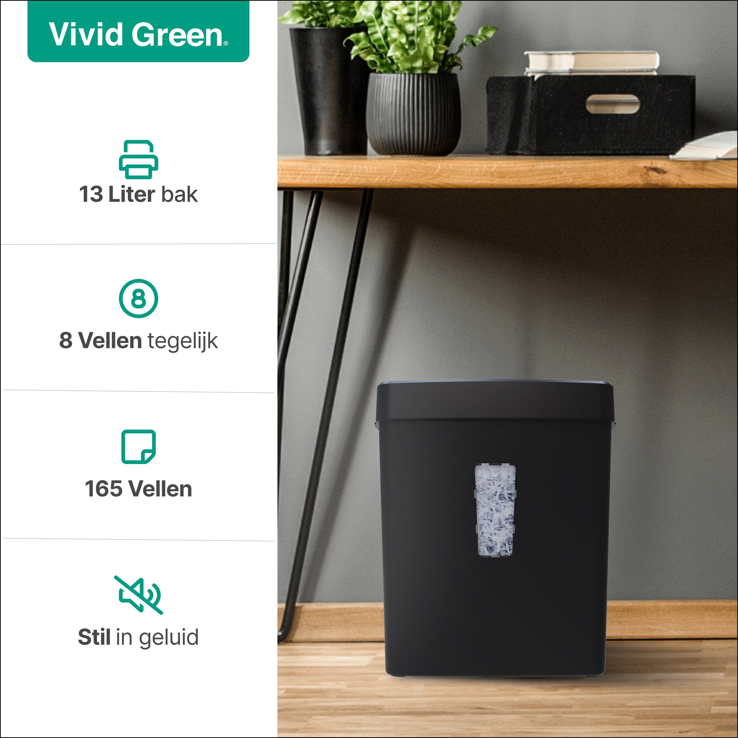 Papierversnipperaar - 13L - 8 A4 vellen - Creditcard Vernietiger - Zwart - Vivid Green