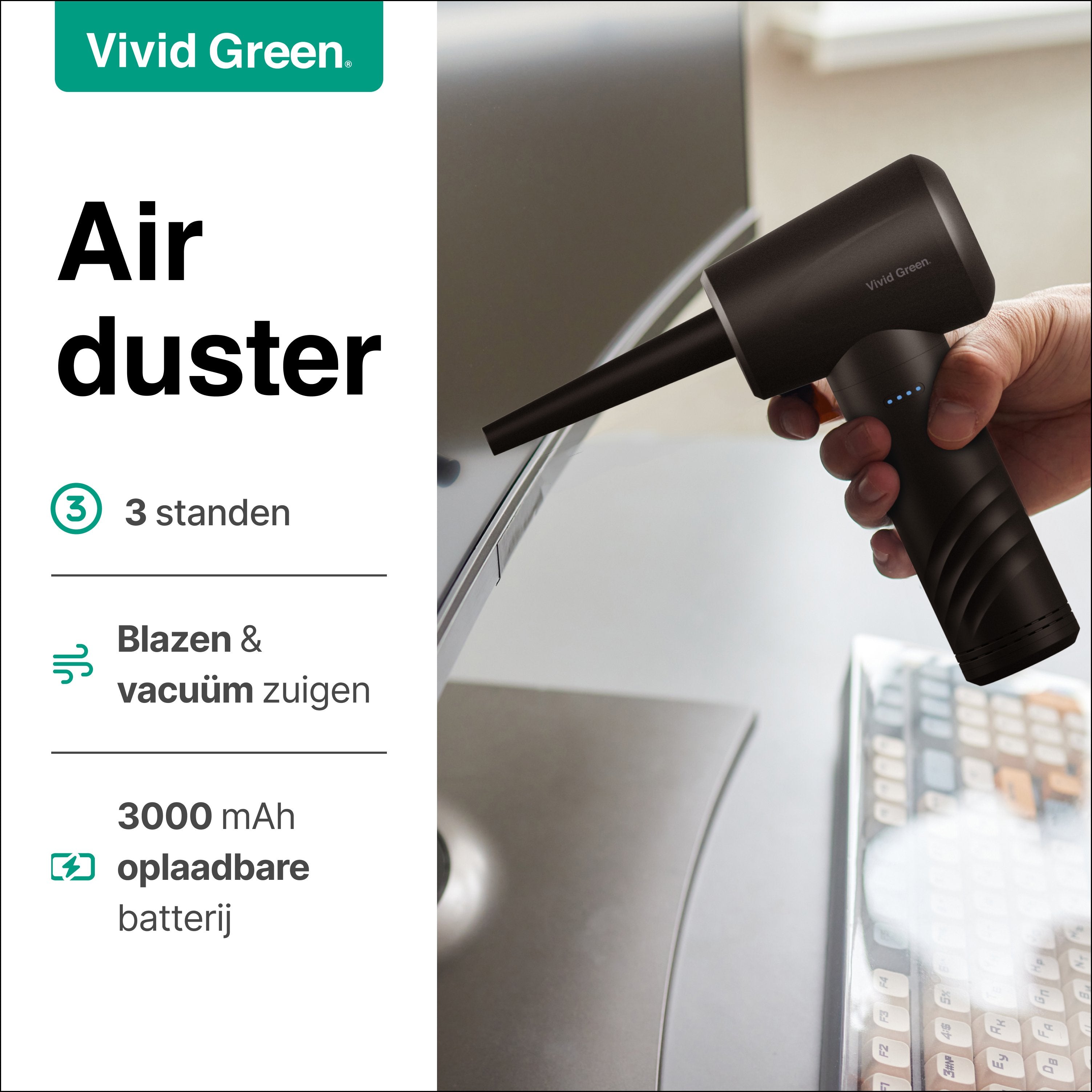 Airduster - 50.000 RPM - Stofreiniger - Perslucht - 3 standen - Draadloos en Oplaadbaar - Zwart - Vivid Green