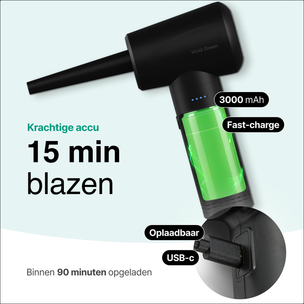 Airduster - 50.000 RPM - Stofreiniger - Perslucht - 3 standen - Draadloos en Oplaadbaar - Zwart - Vivid Green