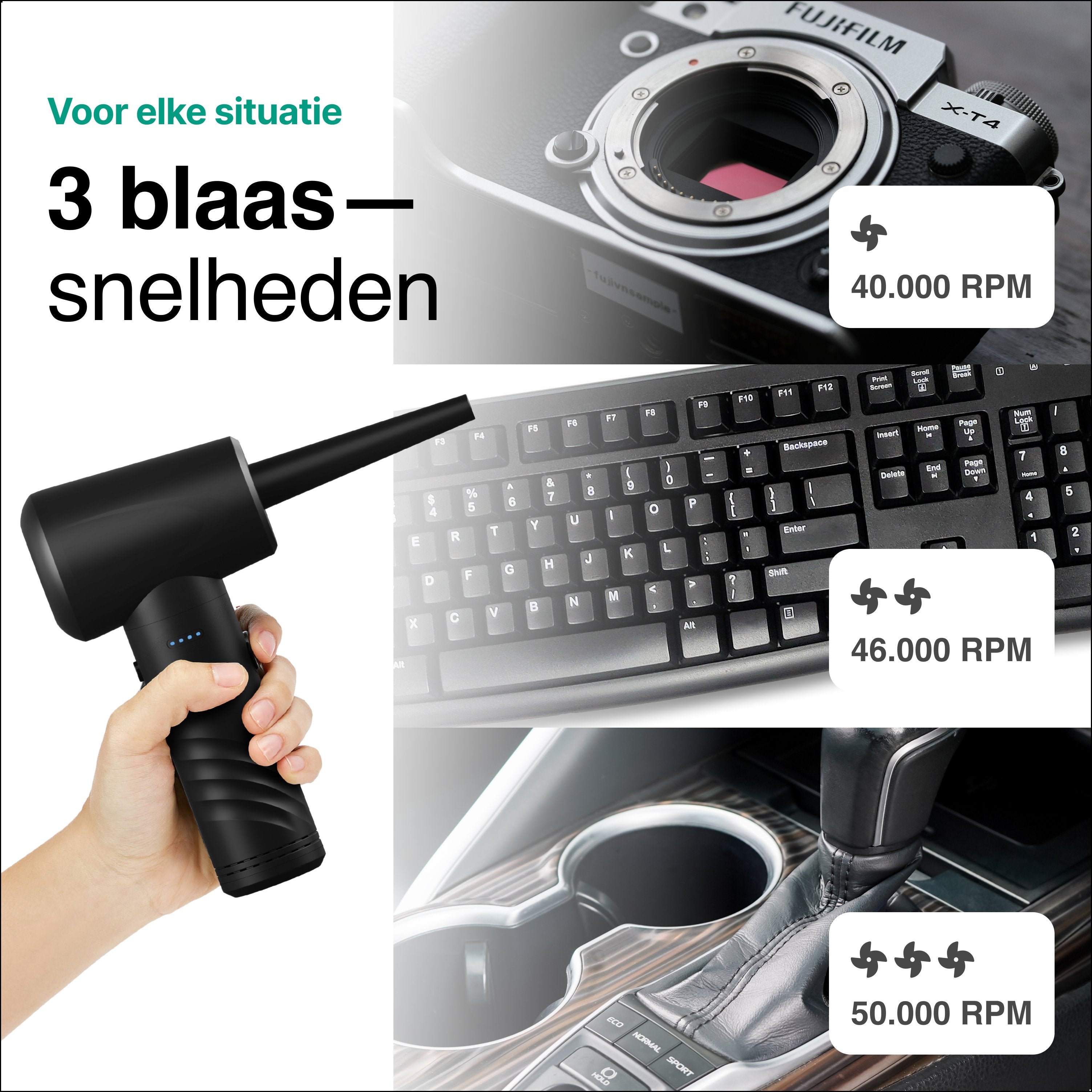 Airduster - 50.000 RPM - Stofreiniger - Perslucht - 3 standen - Draadloos en Oplaadbaar - Zwart - Vivid Green