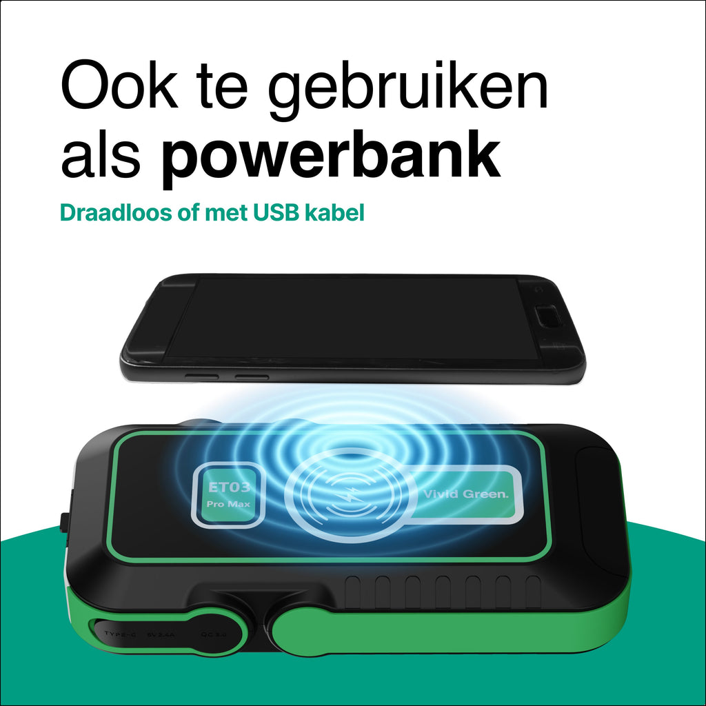 Jumpstarter 12V voor Auto - 20.000 mAh - 4-in-1 Starthulp Met Powerbank, LED Zaklamp en SOS Noodlicht - In Opbergkoffer - Vivid Green