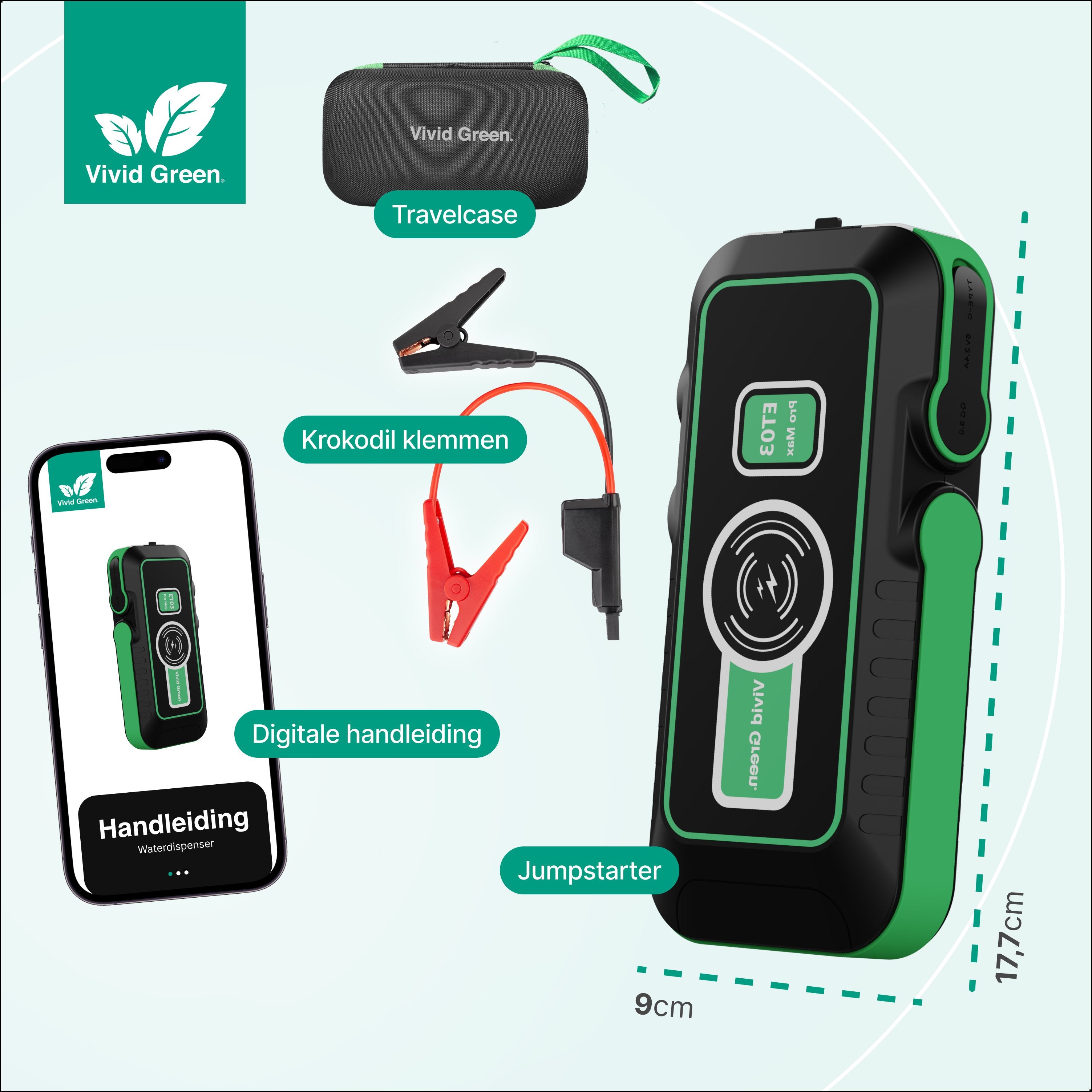 Jumpstarter 12V voor Auto - 20.000 mAh - 4-in-1 Starthulp Met Powerbank, LED Zaklamp en SOS Noodlicht - In Opbergkoffer - Vivid Green