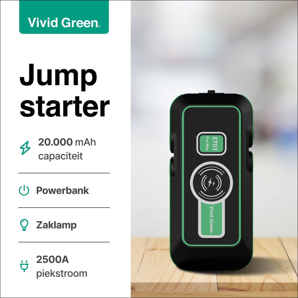 Jumpstarter 12V voor Auto - 20.000 mAh - 4-in-1 Starthulp Met Powerbank, LED Zaklamp en SOS Noodlicht - In Opbergkoffer - Vivid Green