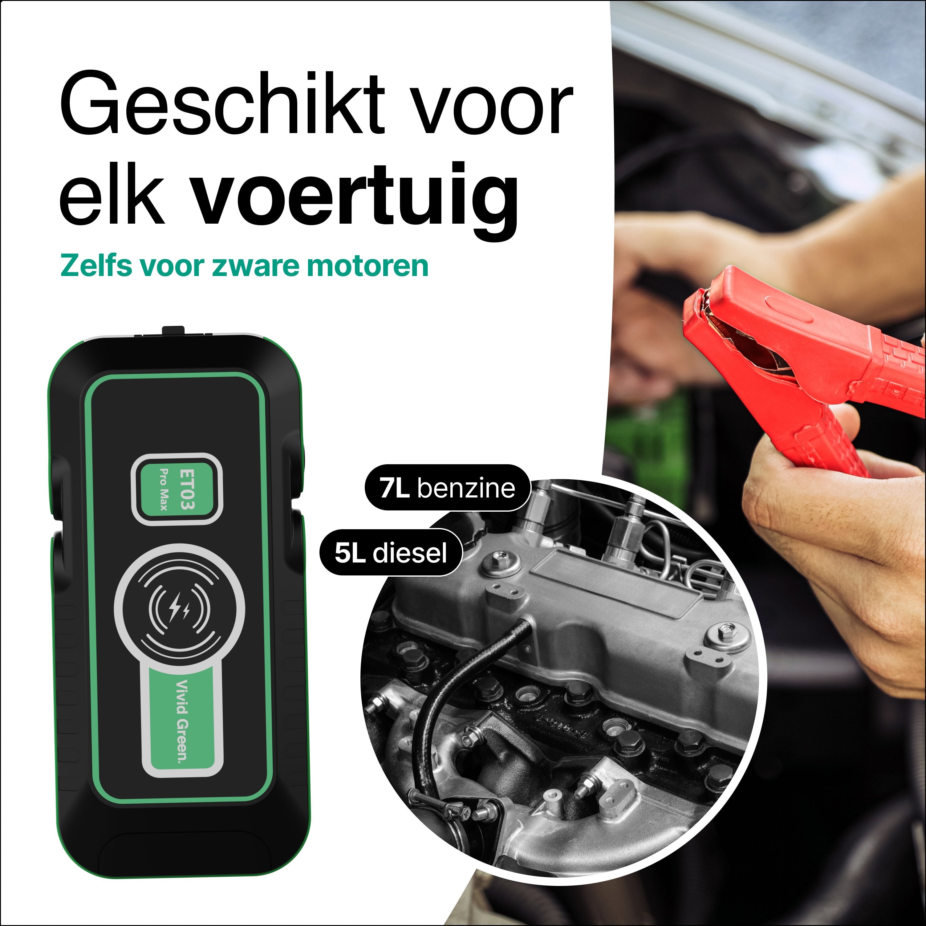 Jumpstarter 12V voor Auto - 20.000 mAh - 4-in-1 Starthulp Met Powerbank, LED Zaklamp en SOS Noodlicht - In Opbergkoffer - Vivid Green