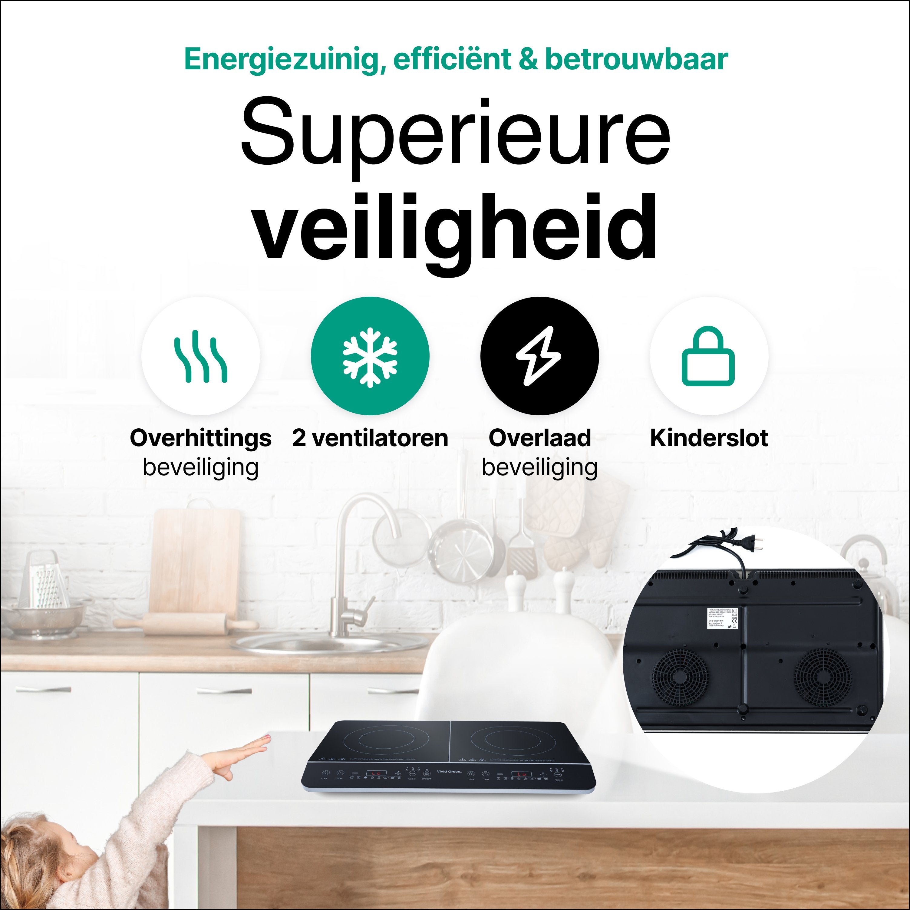 Inductie Kookplaat - Vrijstaand - 2 Pits - 1500 + 2000 Watt - 10 standen - Zwart - Vivid Green