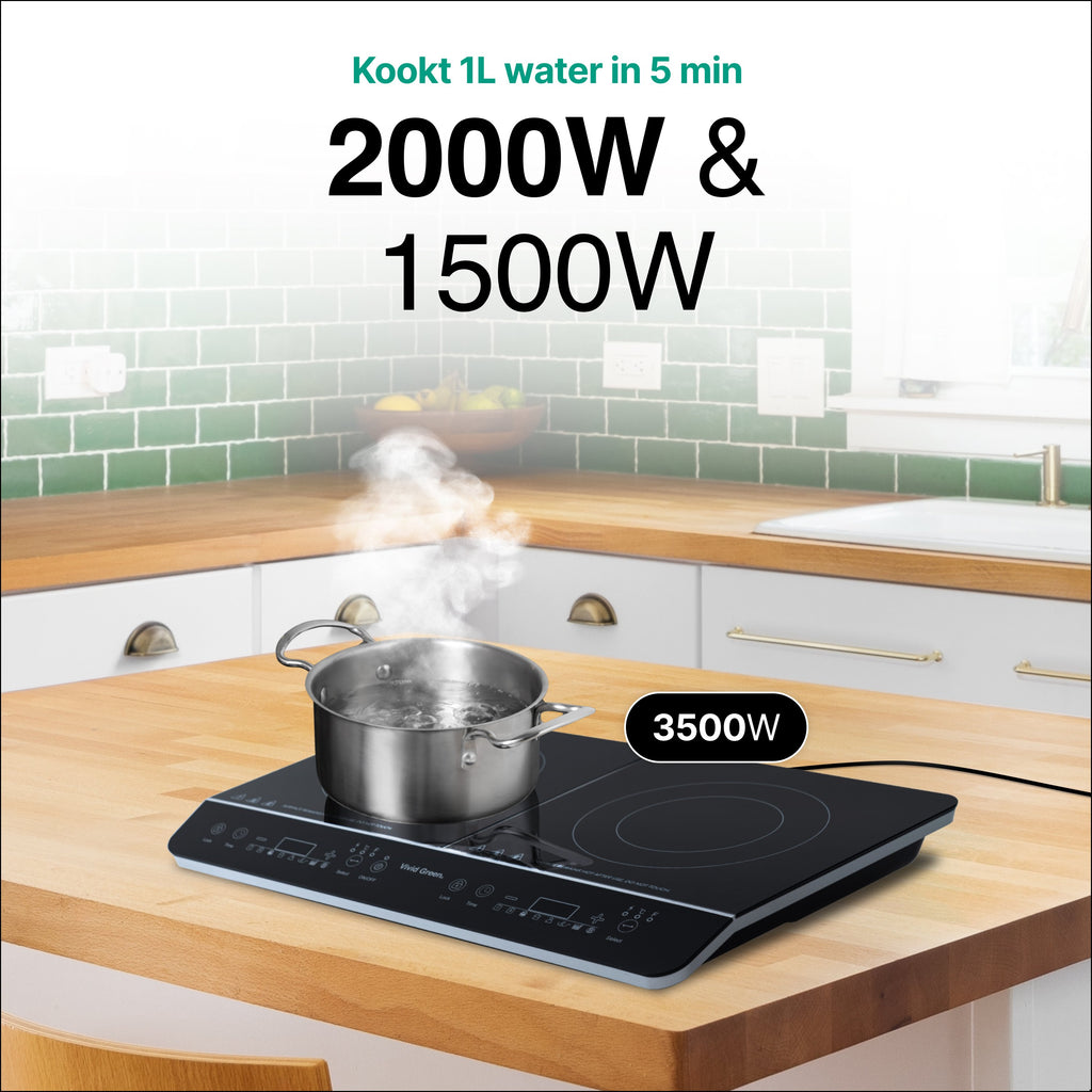 Inductie Kookplaat - Vrijstaand - 2 Pits - 1500 + 2000 Watt - 10 standen - Zwart - Vivid Green