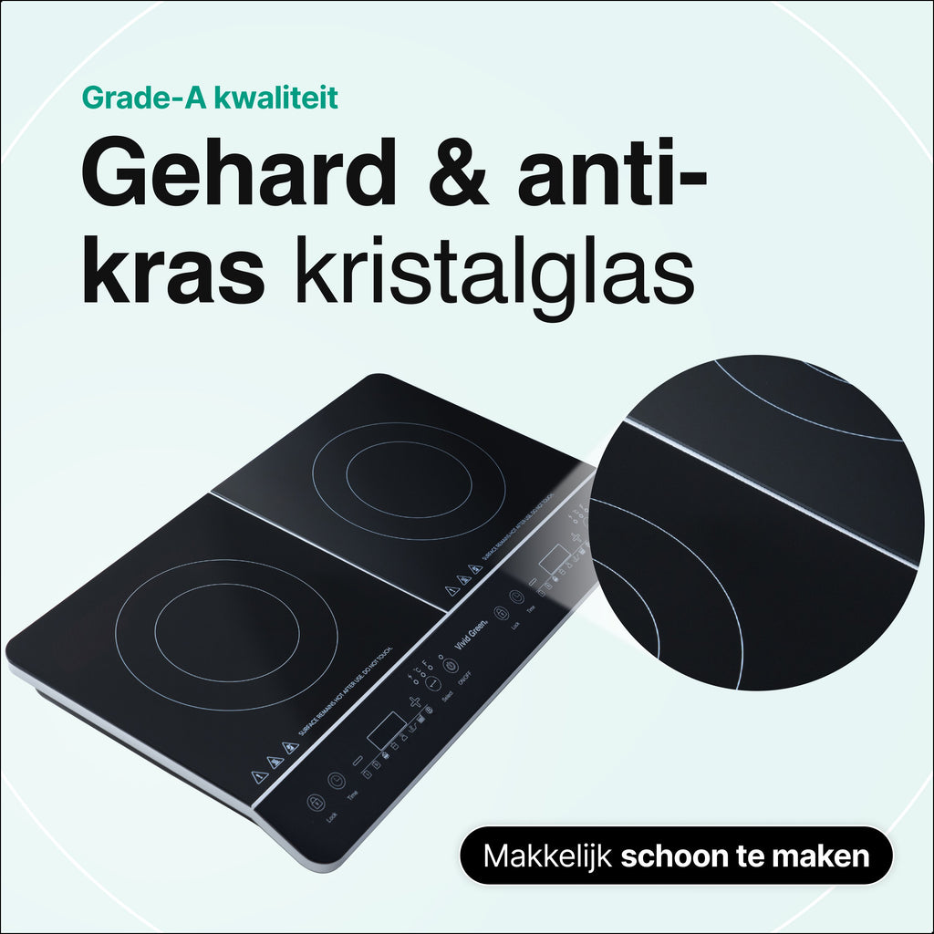 Inductie Kookplaat - Vrijstaand - 2 Pits - 1500 + 2000 Watt - 10 standen - Zwart - Vivid Green