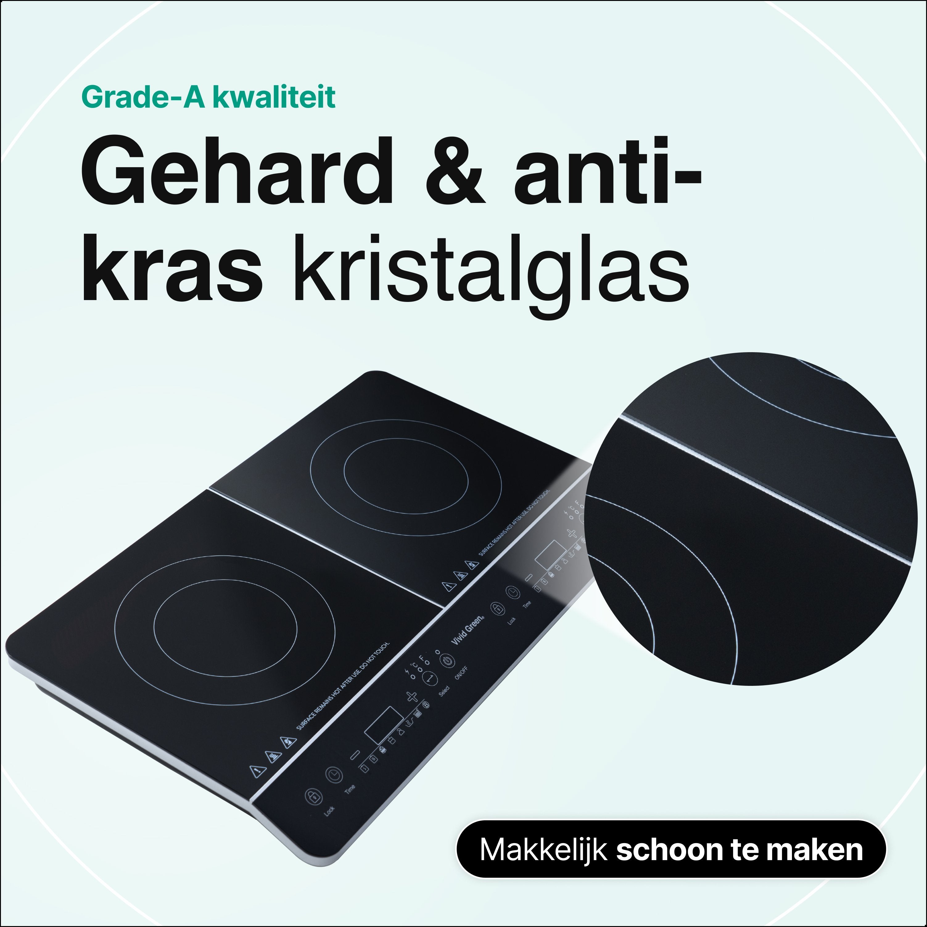Inductie Kookplaat - Vrijstaand - 2 Pits - 1500 + 2000 Watt - 10 standen - Zwart - Vivid Green