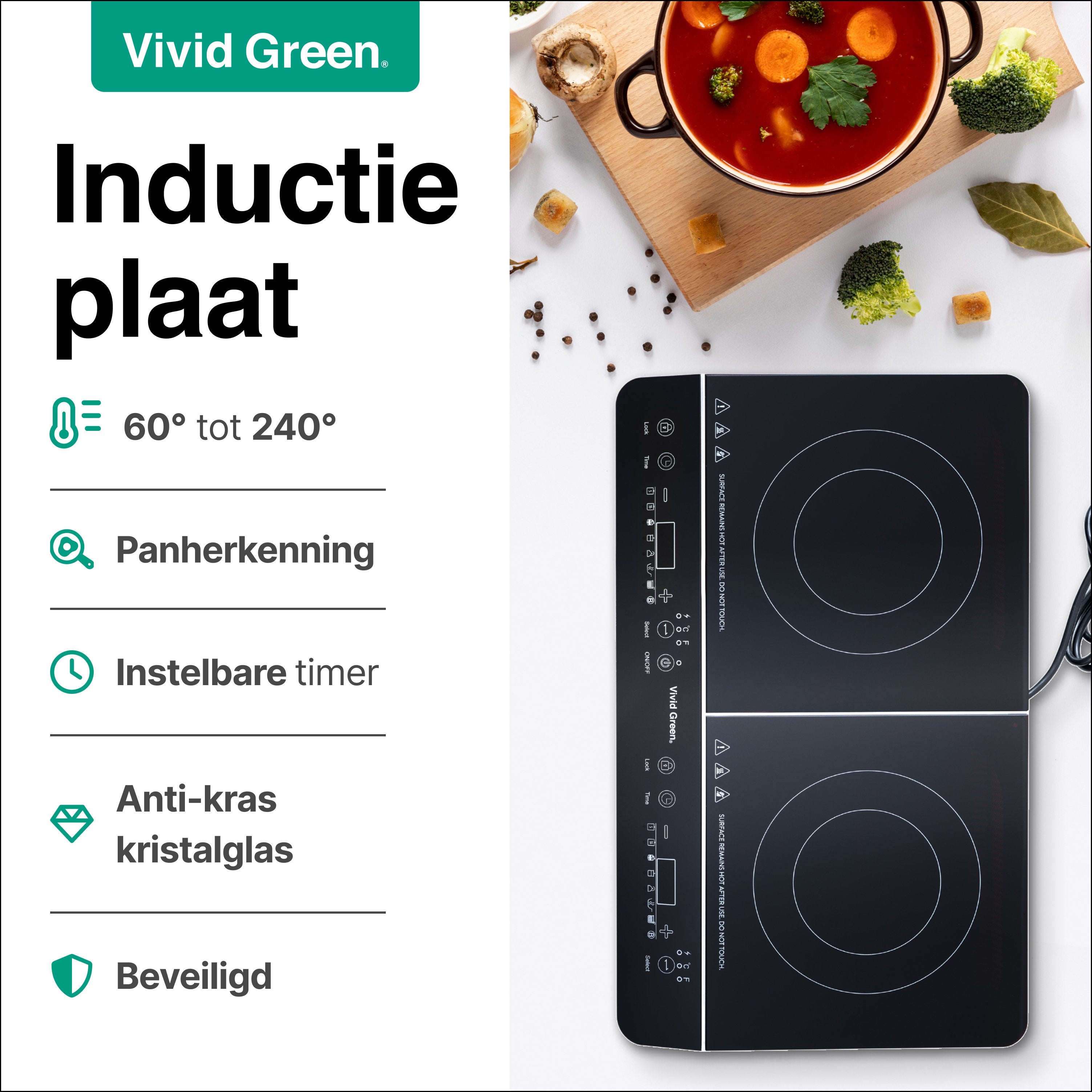 Inductie Kookplaat - Vrijstaand - 2 Pits - 1500 + 2000 Watt - 10 standen - Zwart - Vivid Green