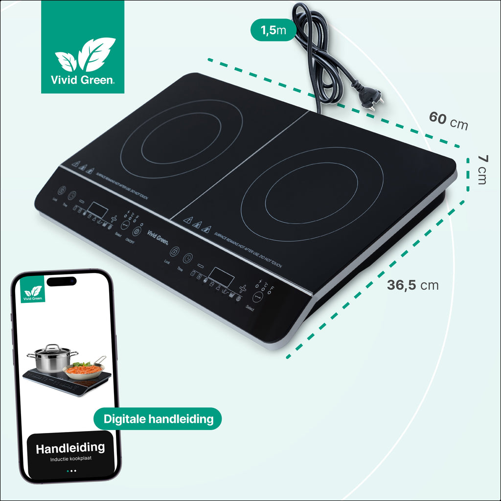 Inductie Kookplaat - Vrijstaand - 2 Pits - 1500 + 2000 Watt - 10 standen - Zwart - Vivid Green