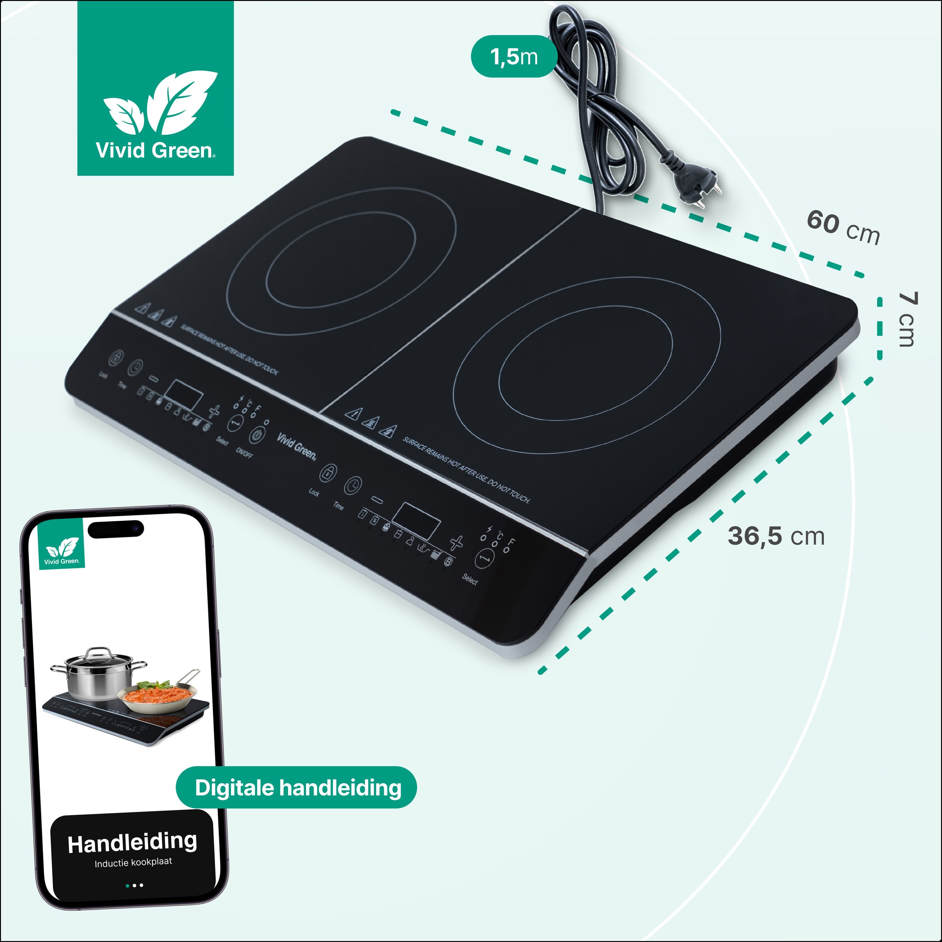 Inductie Kookplaat - Vrijstaand - 2 Pits - 1500 + 2000 Watt - 10 standen - Zwart - Vivid Green