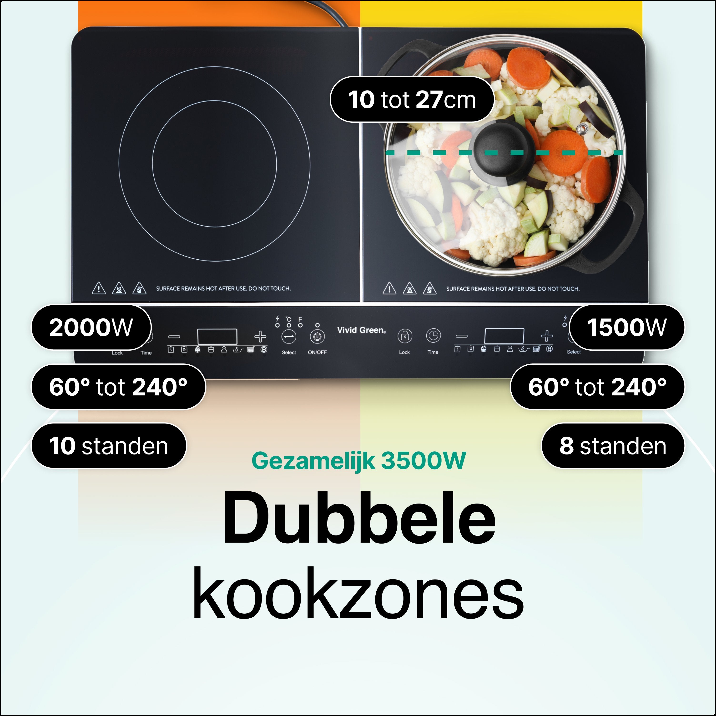 Inductie Kookplaat - Vrijstaand - 2 Pits - 1500 + 2000 Watt - 10 standen - Zwart - Vivid Green