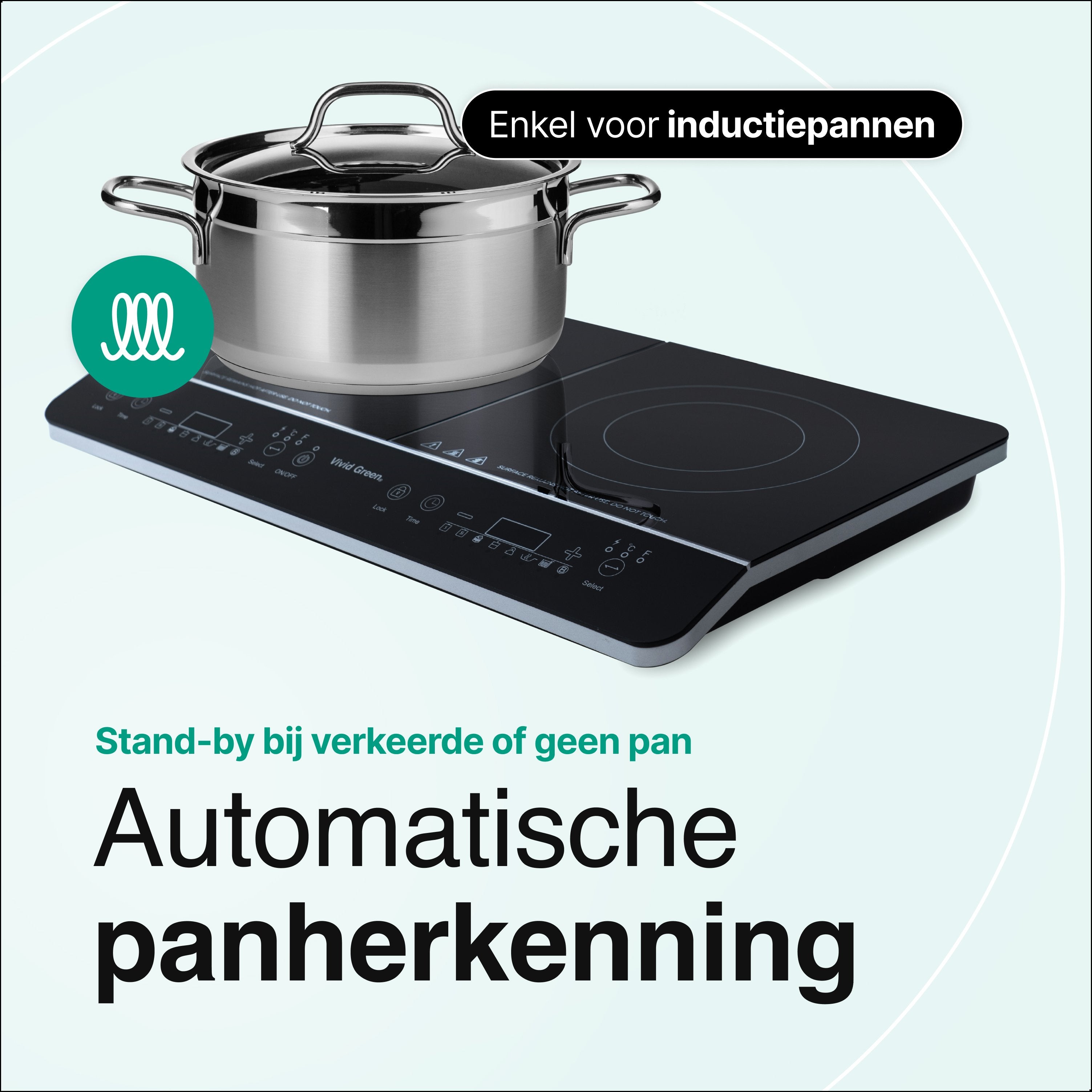 Inductie Kookplaat - Vrijstaand - 2 Pits - 1500 + 2000 Watt - 10 standen - Zwart - Vivid Green