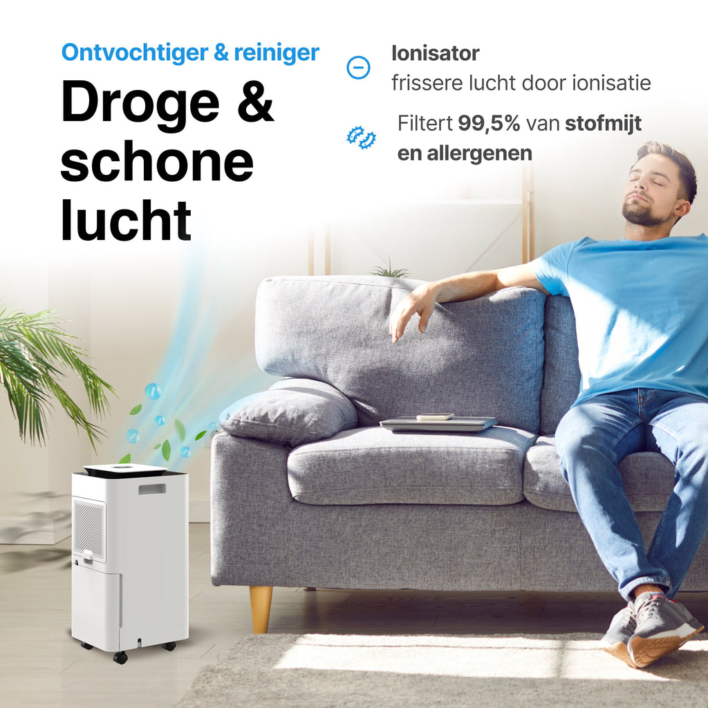 Luchtontvochtiger en Luchtreiniger - 12L - HEPA filter - 210W - Wit - Vivid Green
