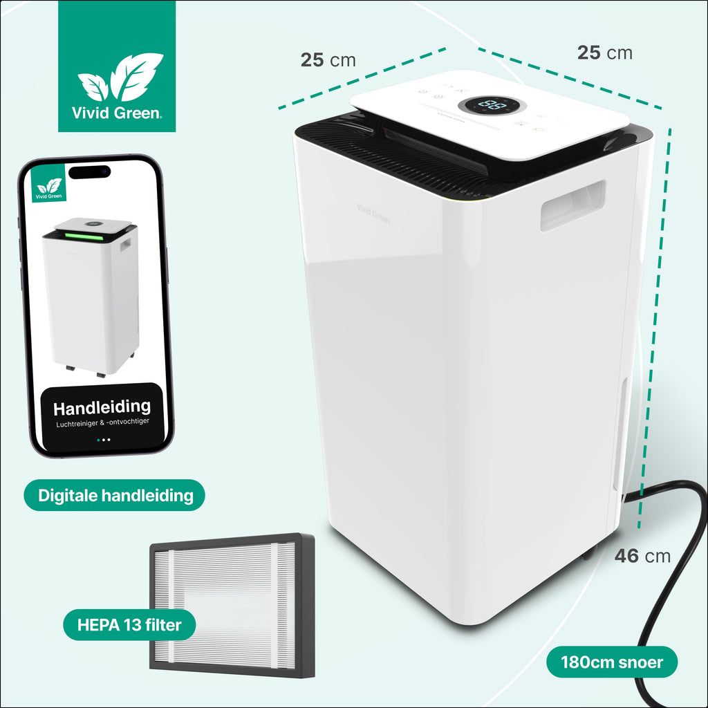 Luchtontvochtiger en Luchtreiniger - 12L - HEPA filter - 210W - Wit - Vivid Green
