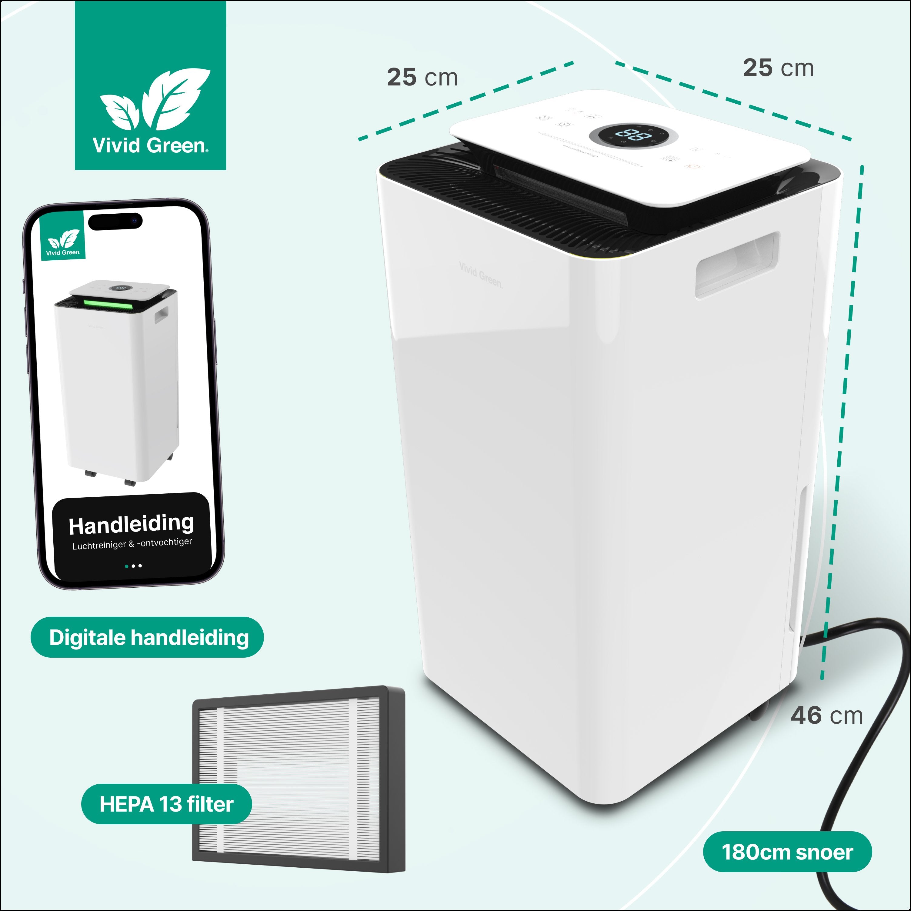 Luchtontvochtiger en Luchtreiniger - 12L - HEPA filter - 210W - Wit - Vivid Green
