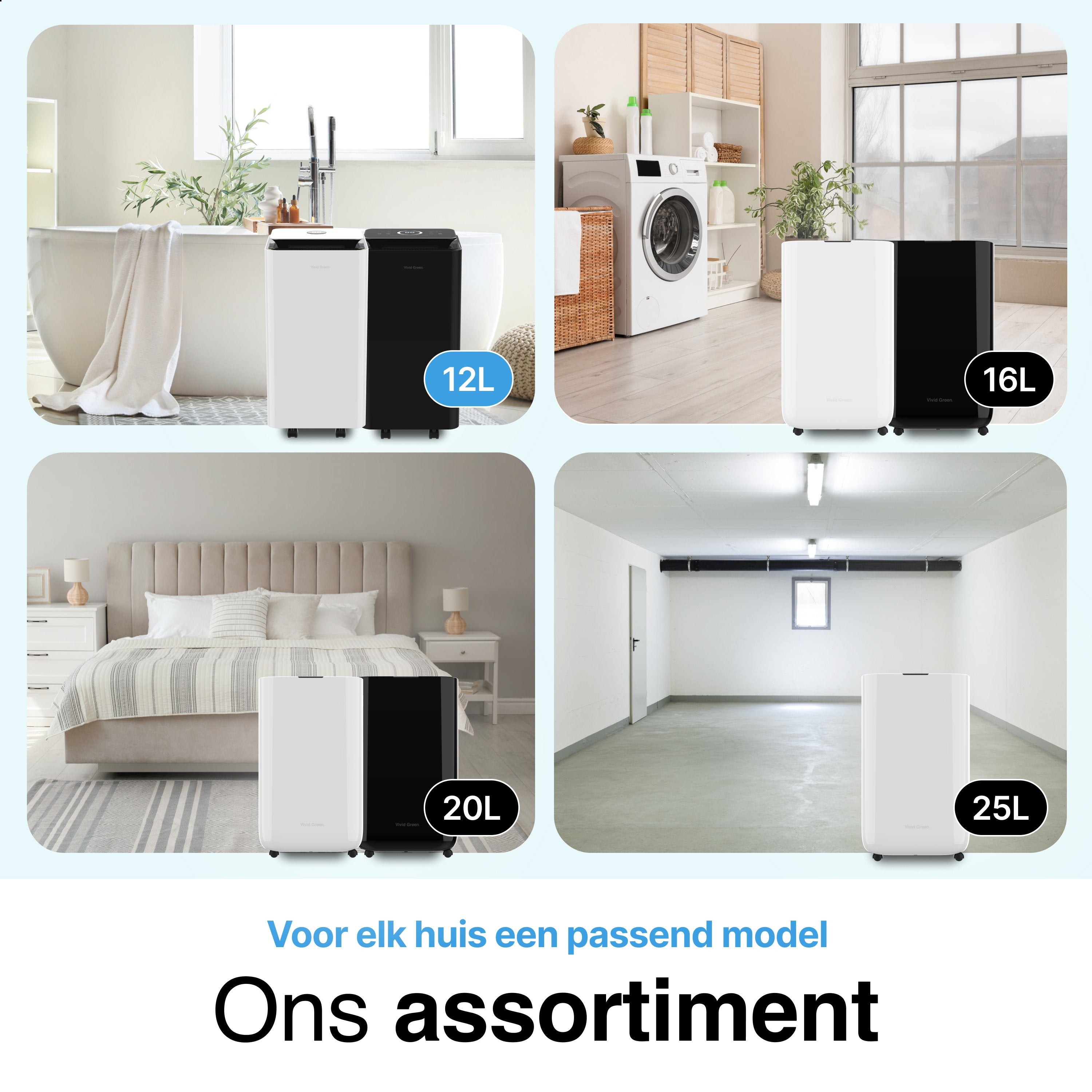Luchtontvochtiger en Luchtreiniger - 12L - HEPA filter - 210W - Wit - Vivid Green