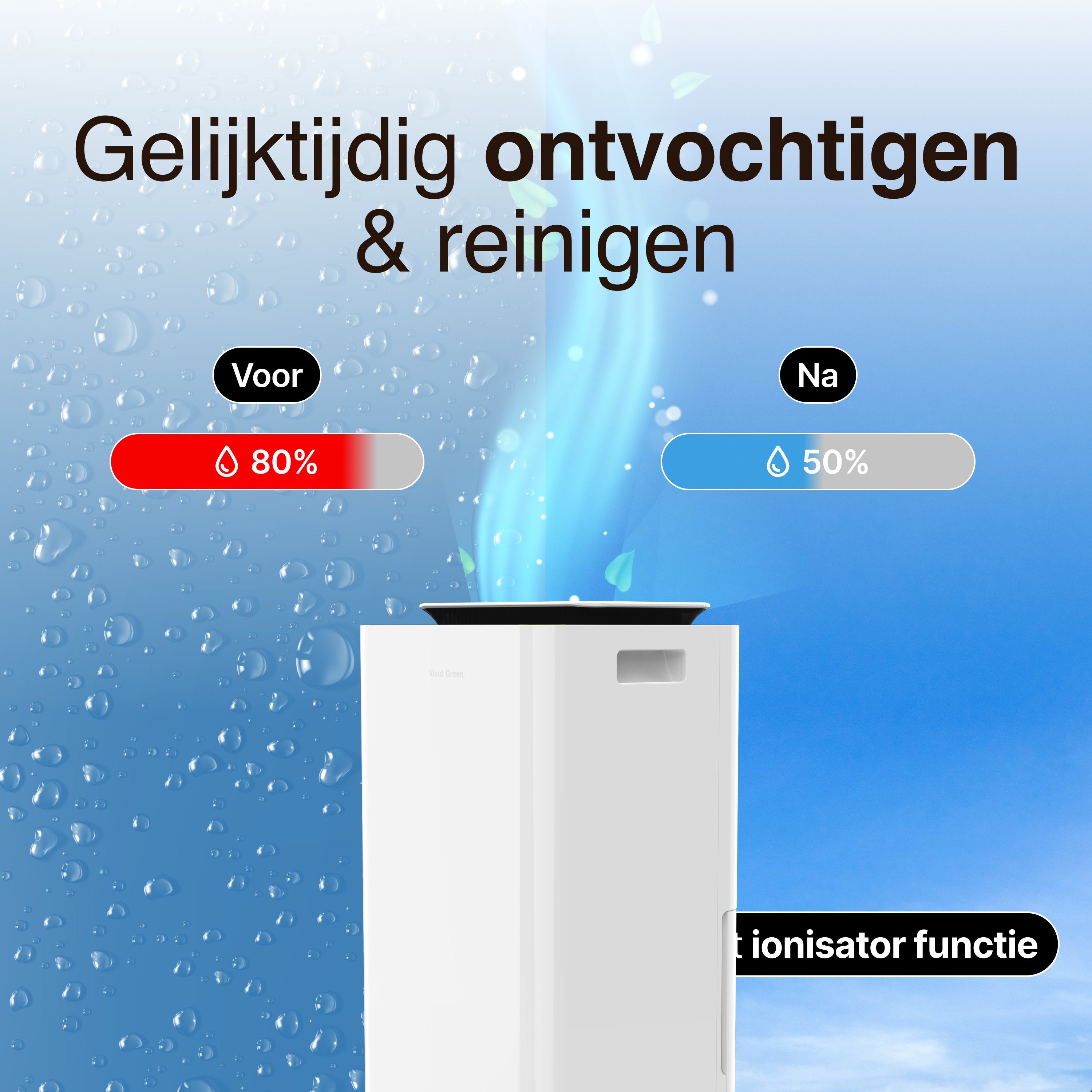 Luchtontvochtiger en Luchtreiniger - 12L - HEPA filter - 210W - Wit - Vivid Green