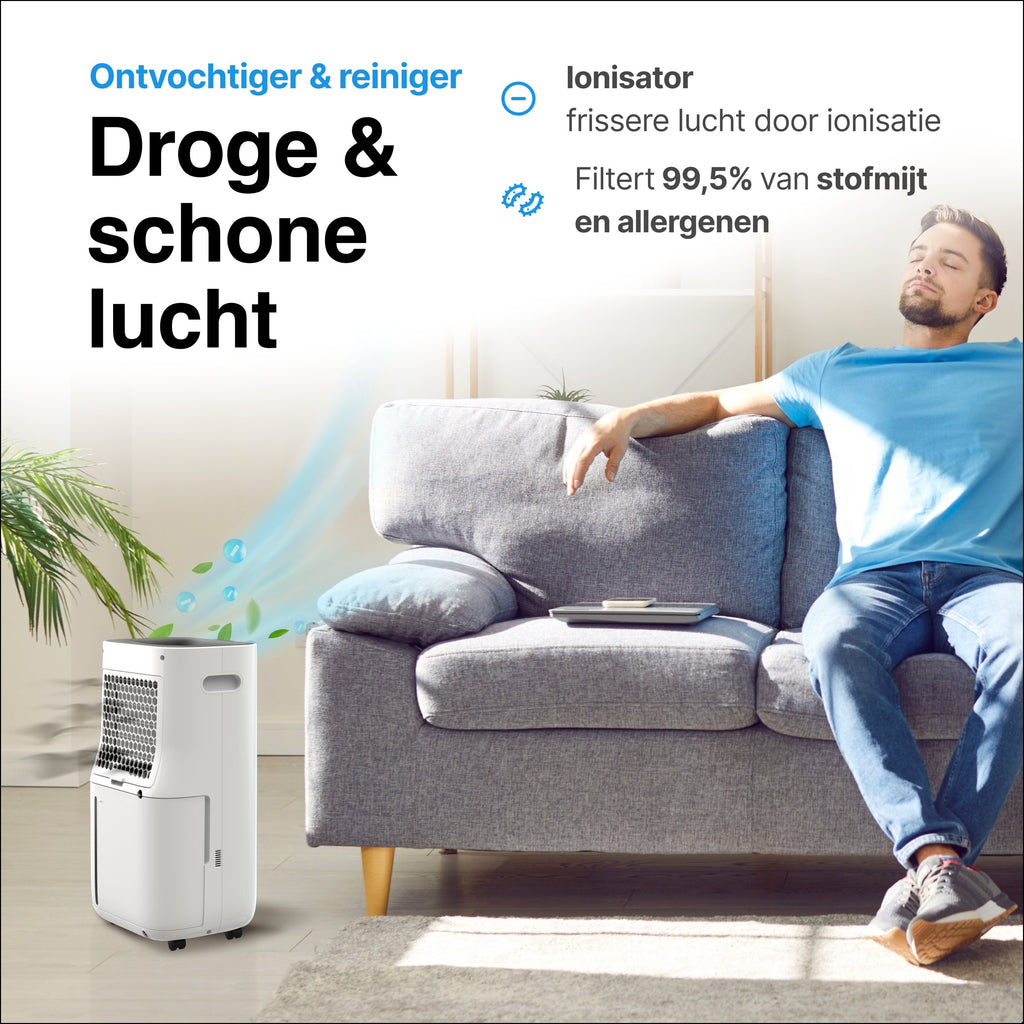 Luchtontvochtiger en Luchtreiniger - 20L - HEPA filter - 320W- Wit- Vivid Green