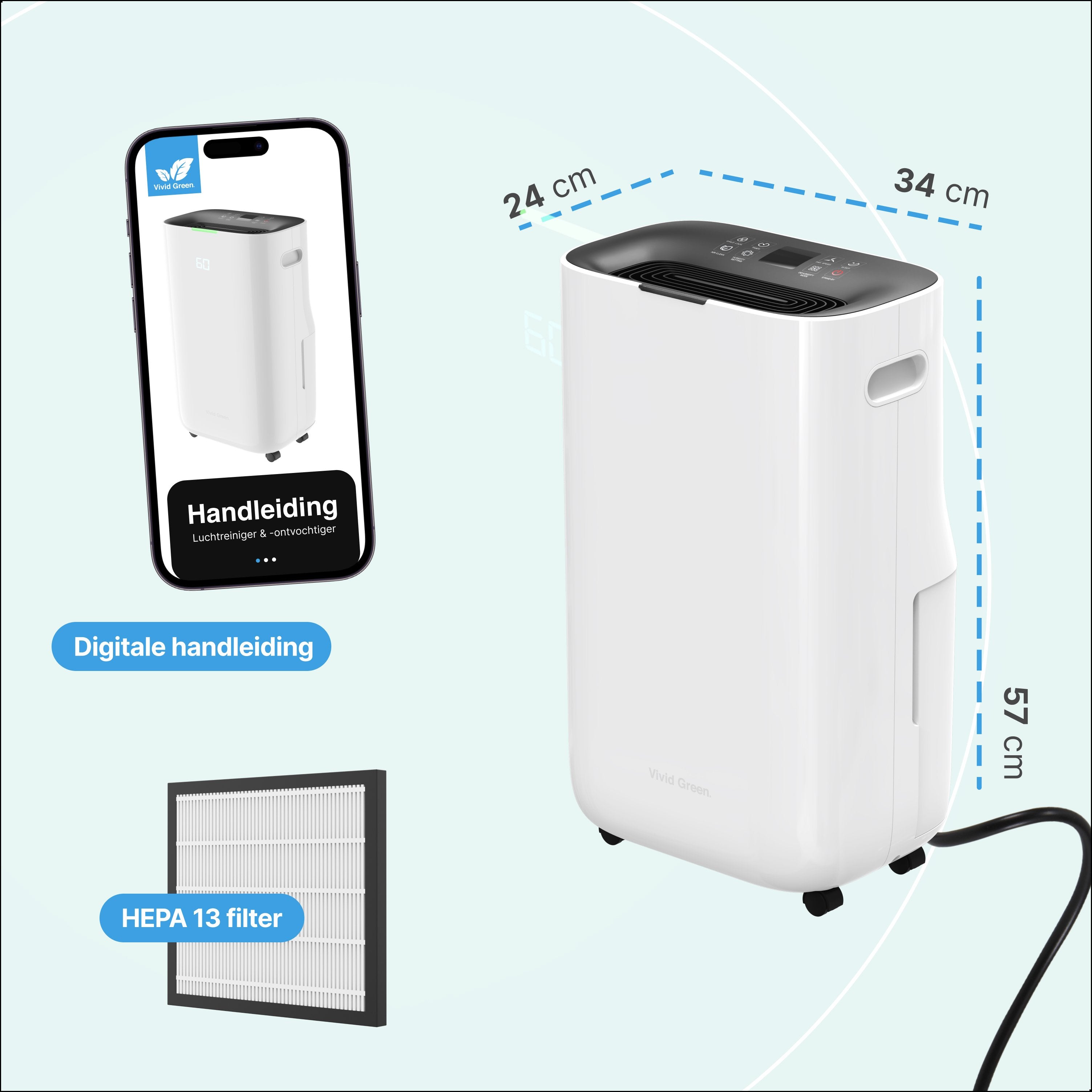 Luchtontvochtiger en Luchtreiniger - 20L - HEPA filter - 320W- Wit- Vivid Green