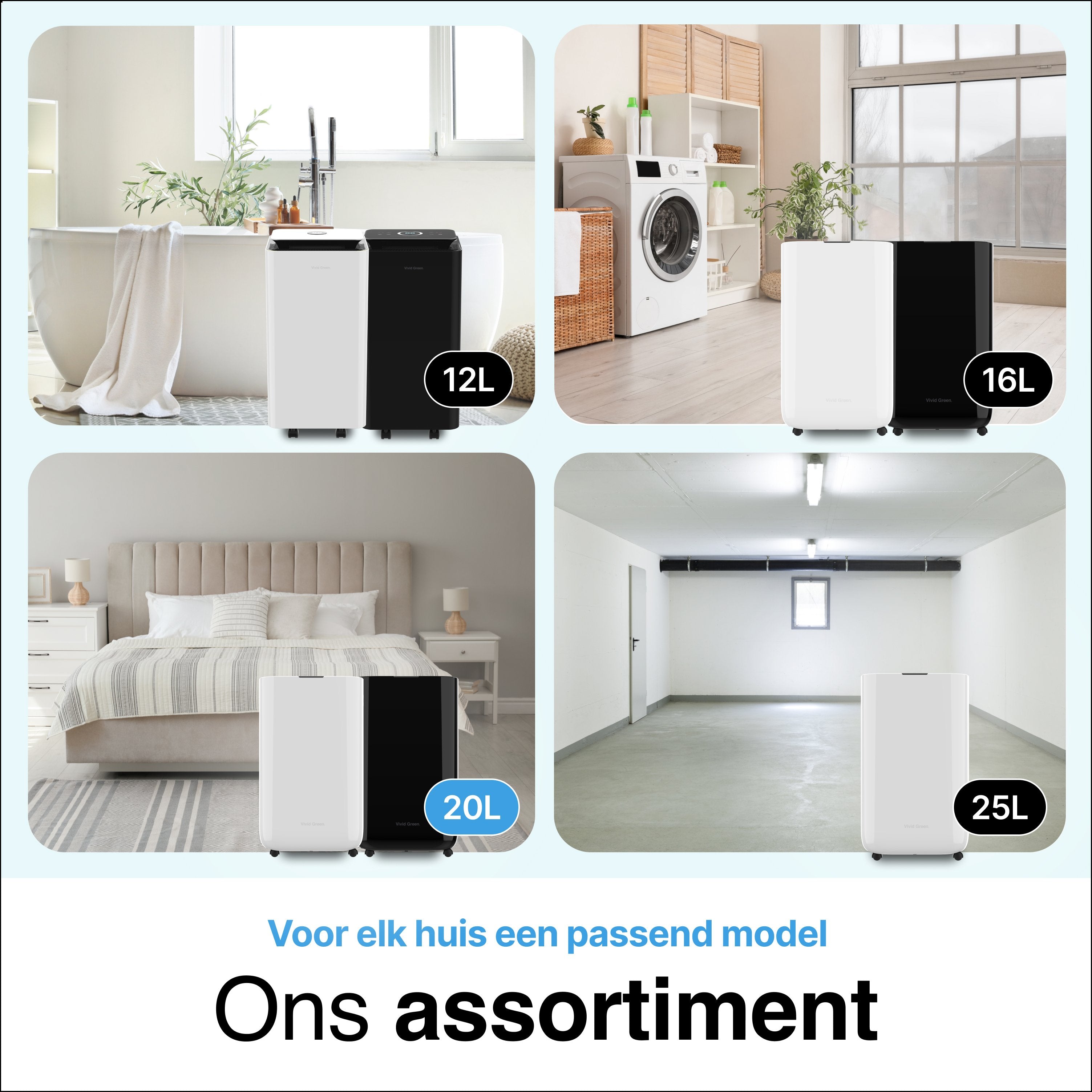 Luchtontvochtiger en Luchtreiniger - 20L - HEPA filter - 320W- Wit- Vivid Green