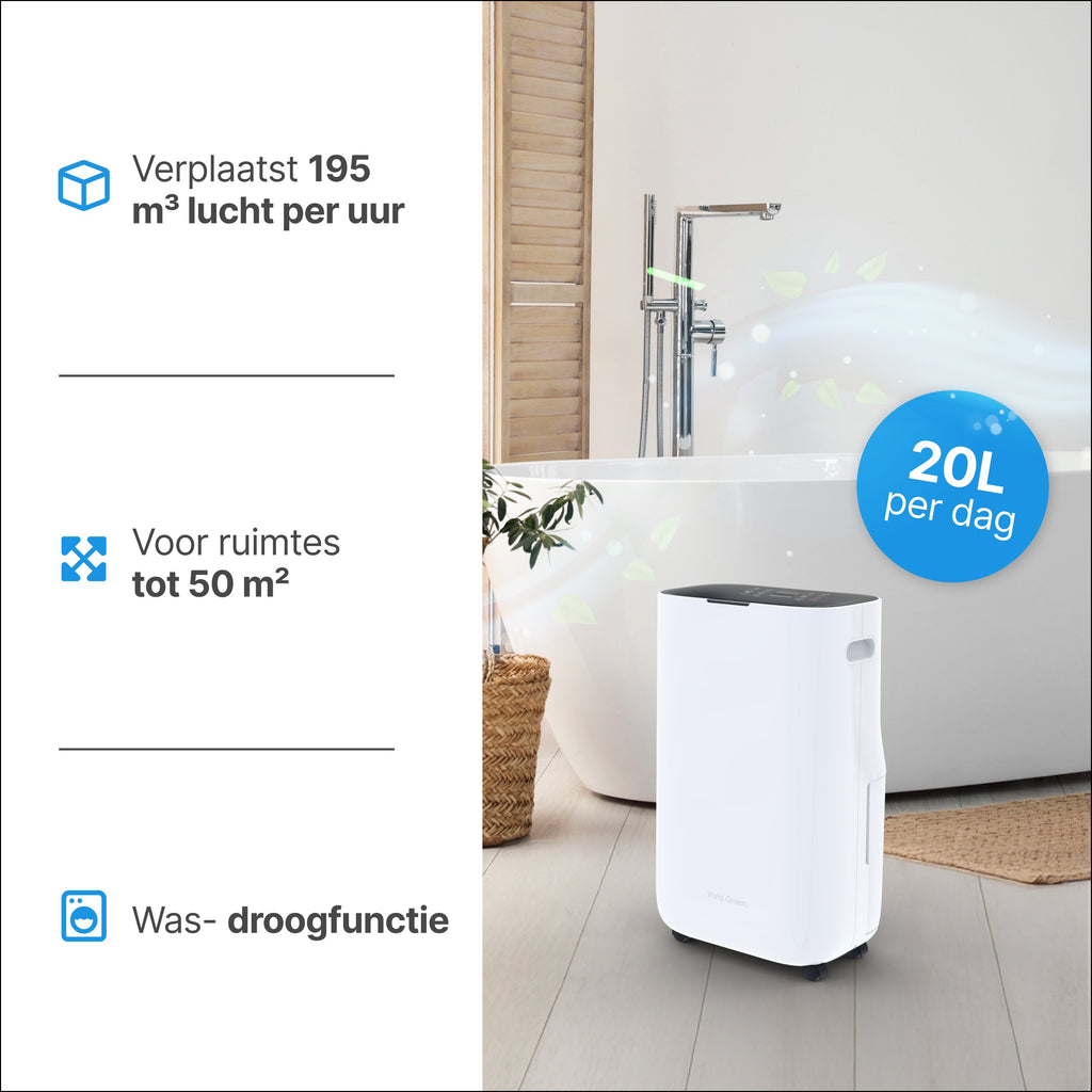 Luchtontvochtiger en Luchtreiniger - 20L - HEPA filter - 320W- Wit- Vivid Green