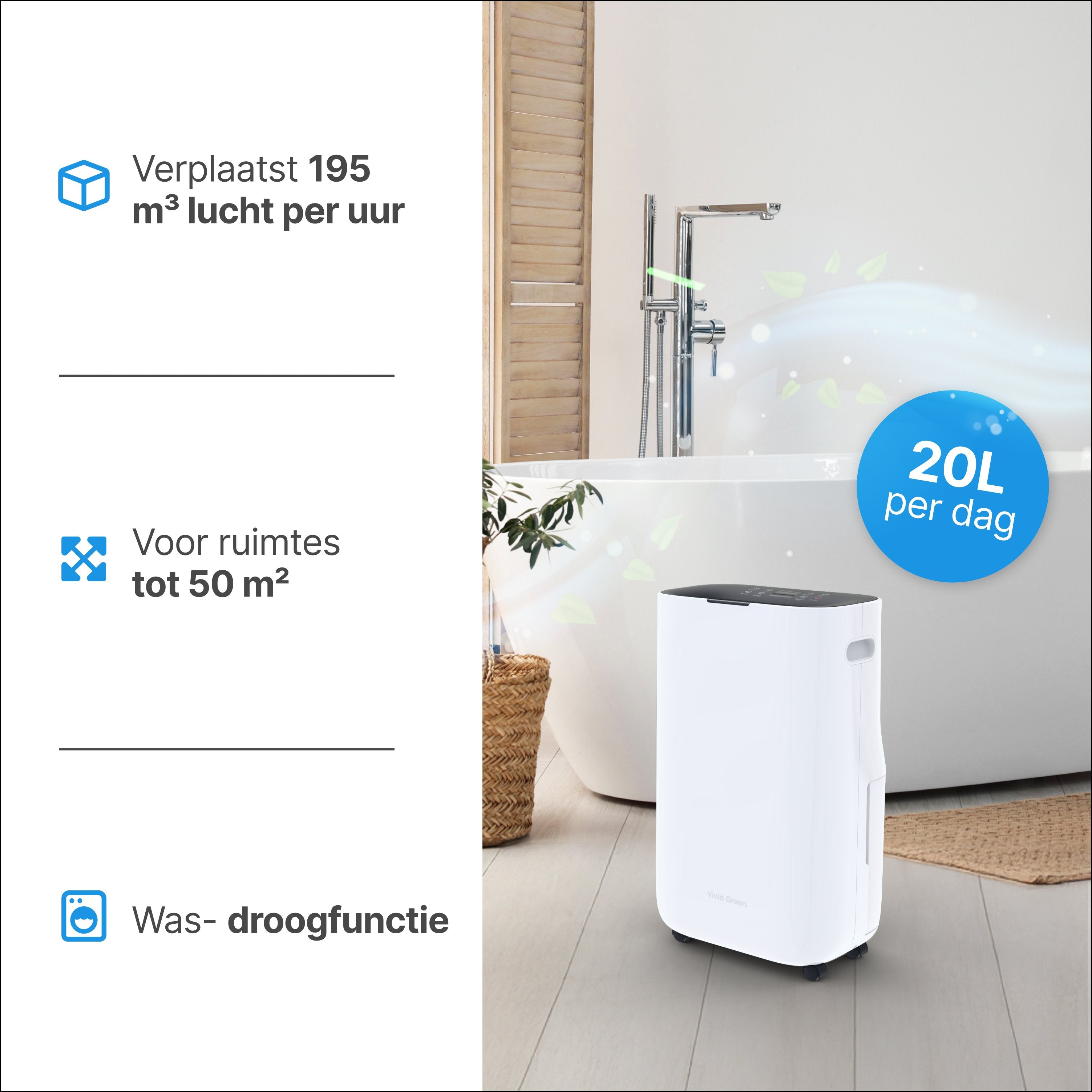 Luchtontvochtiger en Luchtreiniger - 20L - HEPA filter - 320W- Wit- Vivid Green