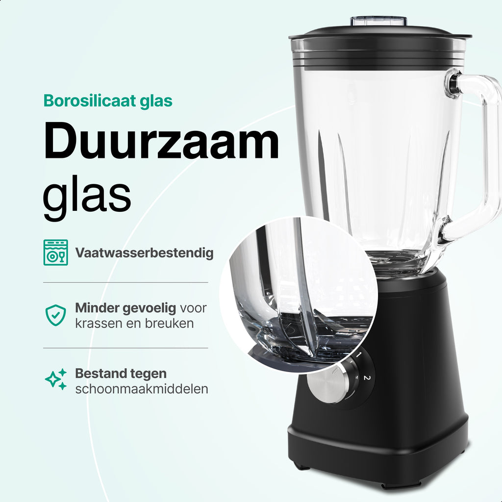 Blender 1000W - 1.5L - Smoothie Maker - Inclusief beker to go 570ml - Glas - Zwart - Vivid Green