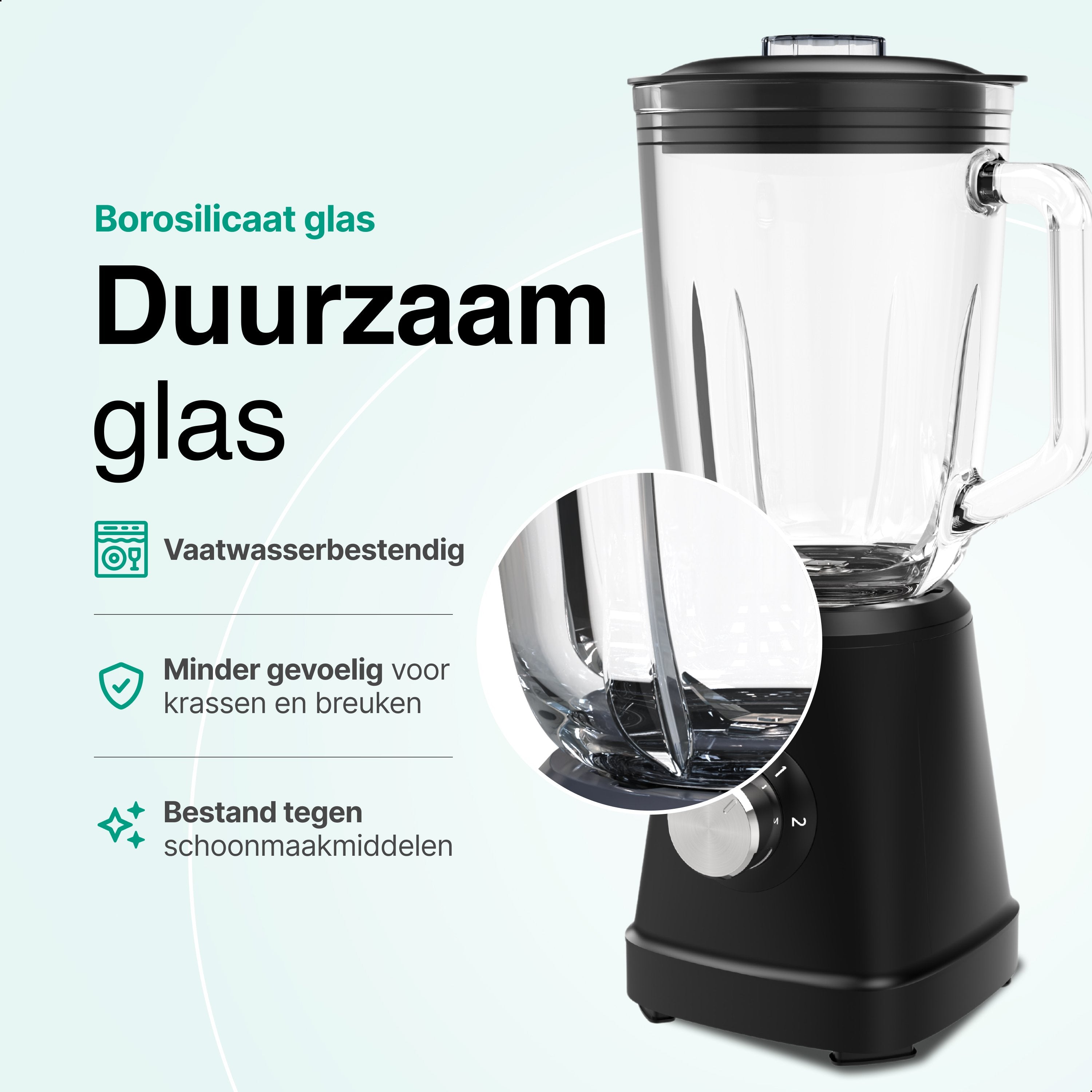 Blender 1000W - 1.5L - Smoothie Maker - Inclusief beker to go 570ml - Glas - Zwart - Vivid Green