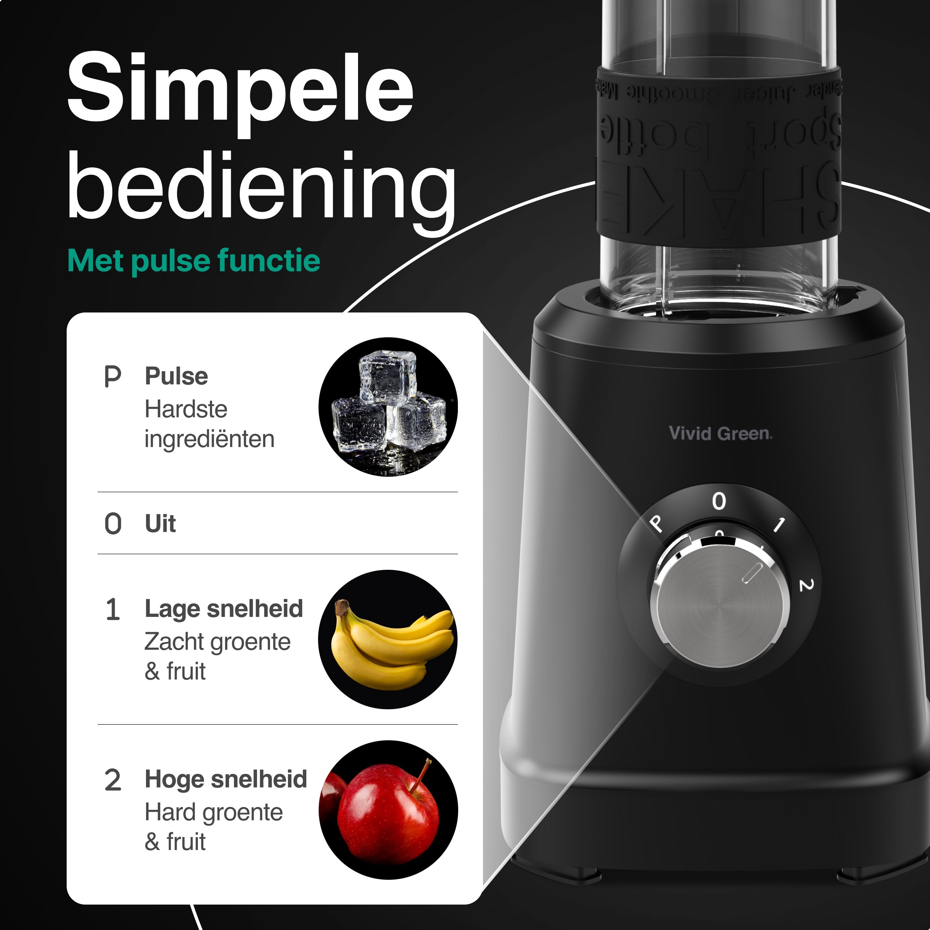 Blender 1000W - 1.5L - Smoothie Maker - Inclusief beker to go 570ml - Glas - Zwart - Vivid Green