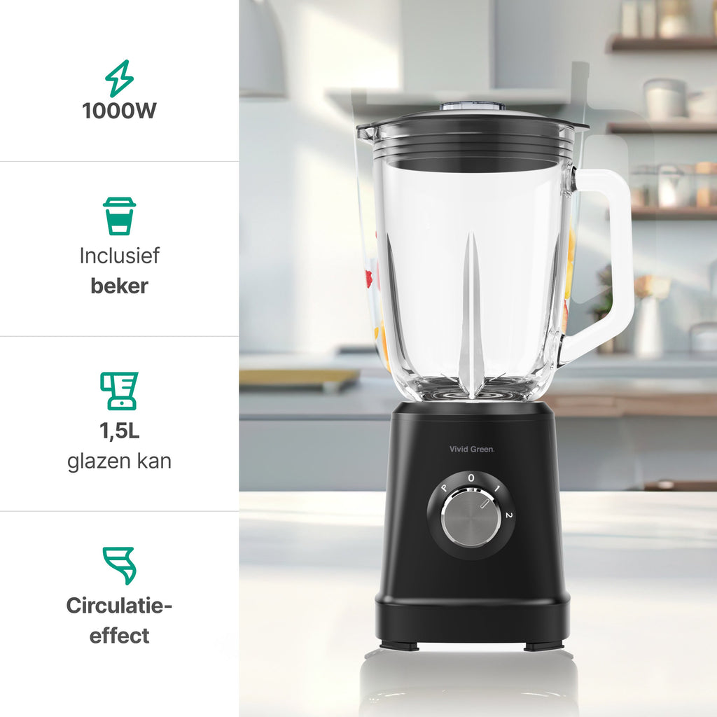 Blender 1000W - 1.5L - Smoothie Maker - Inclusief beker to go 570ml - Glas - Zwart - Vivid Green