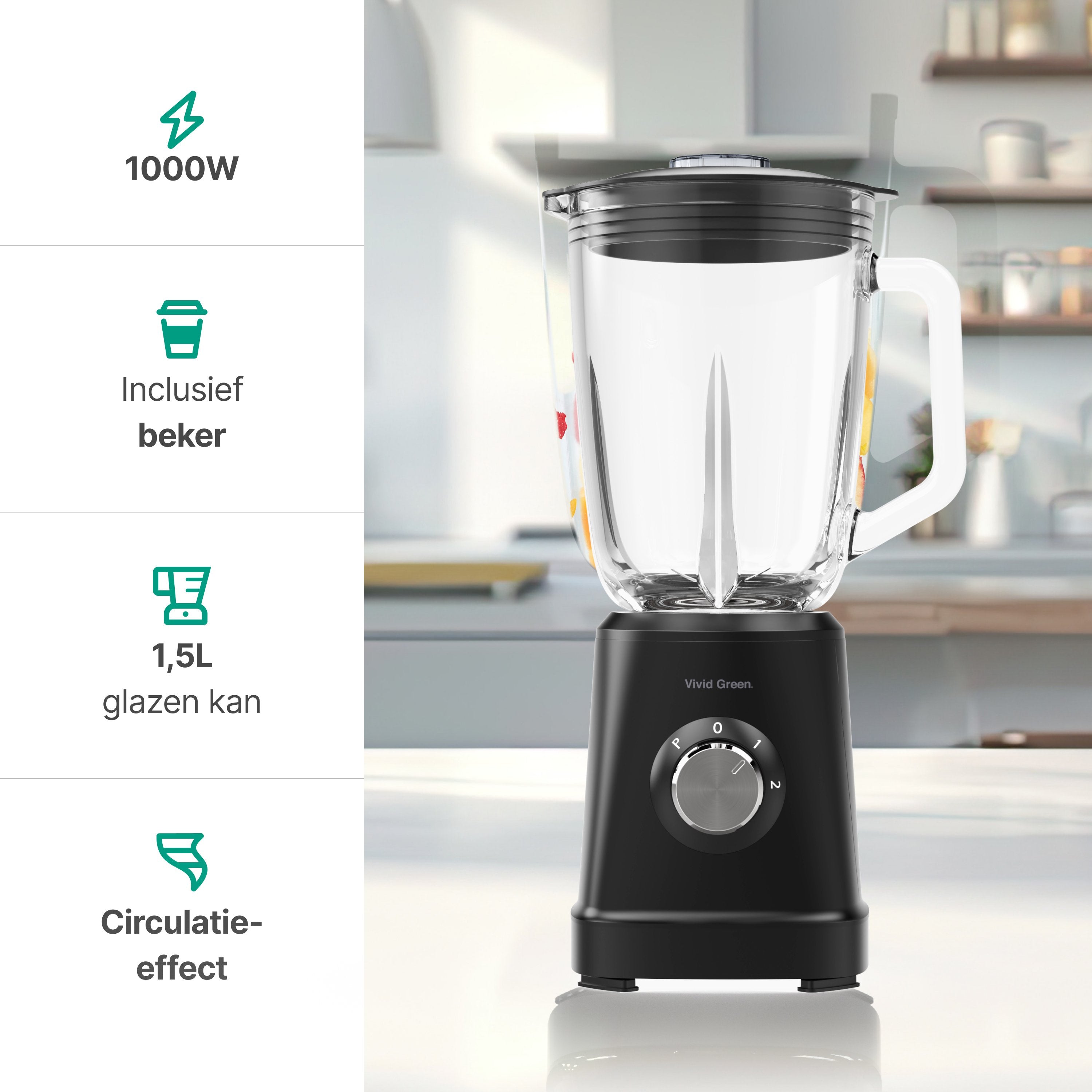Blender 1000W - 1.5L - Smoothie Maker - Inclusief beker to go 570ml - Glas - Zwart - Vivid Green