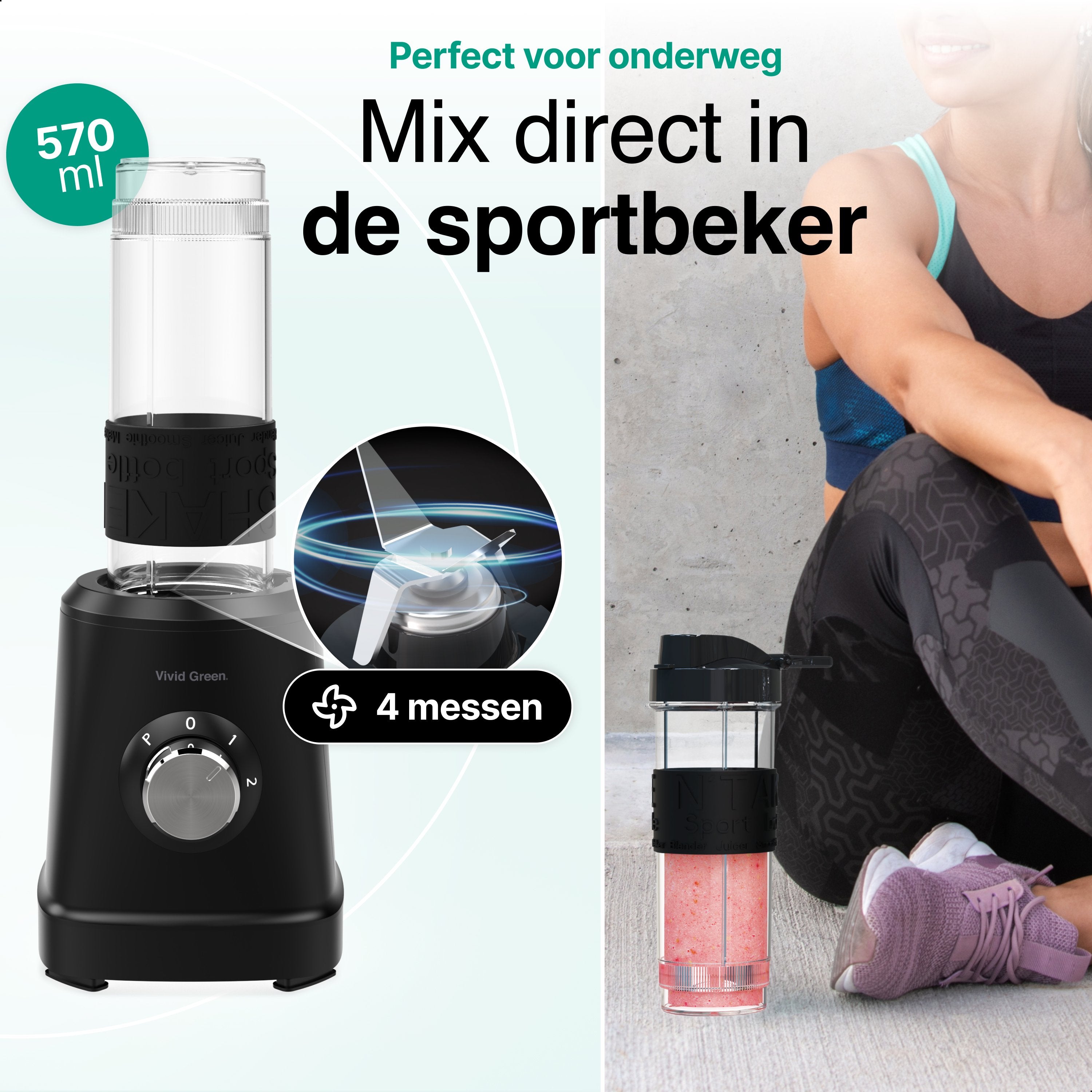 Blender 1000W - 1.5L - Smoothie Maker - Inclusief beker to go 570ml - Glas - Zwart - Vivid Green