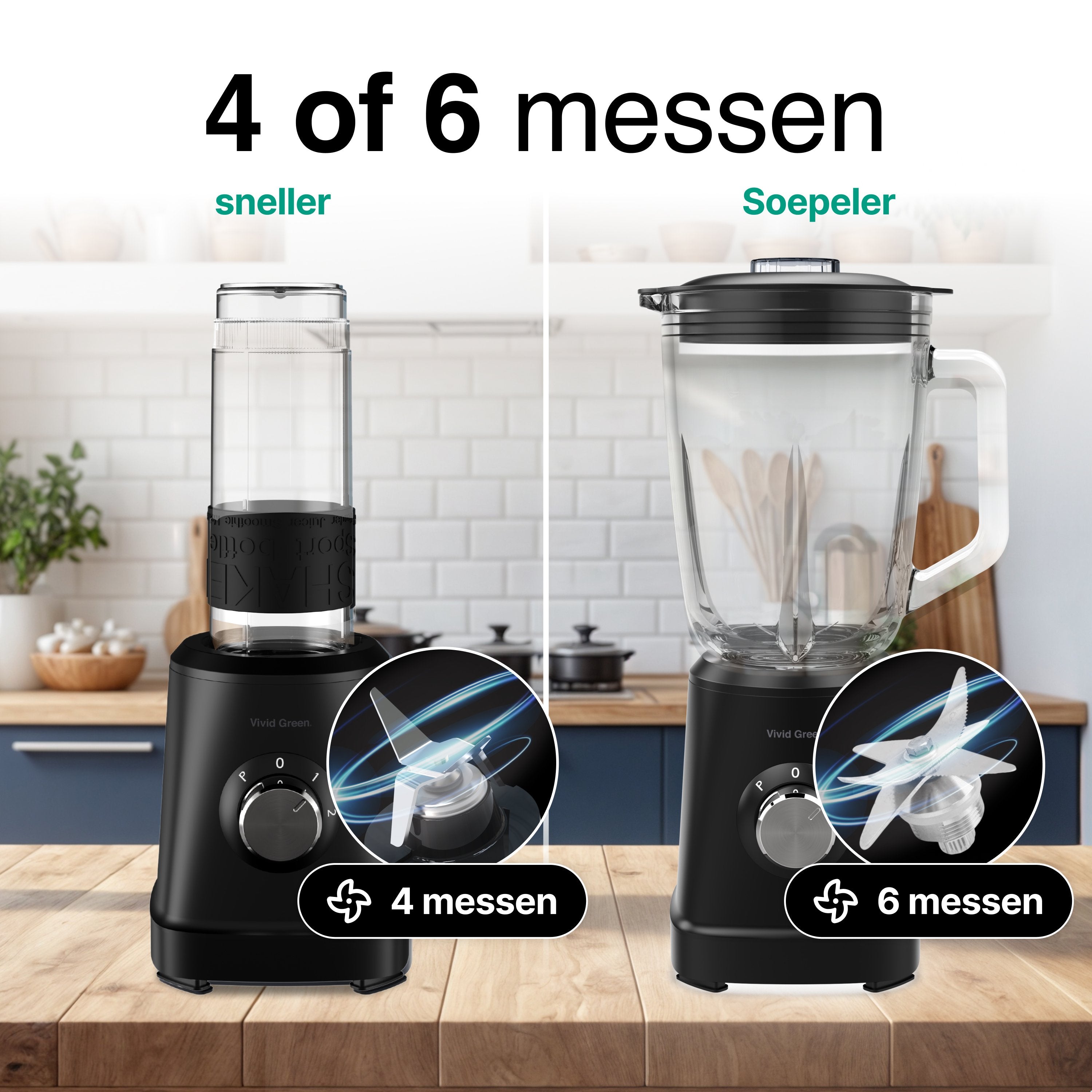 Blender 1000W - 1.5L - Smoothie Maker - Inclusief beker to go 570ml - Glas - Zwart - Vivid Green
