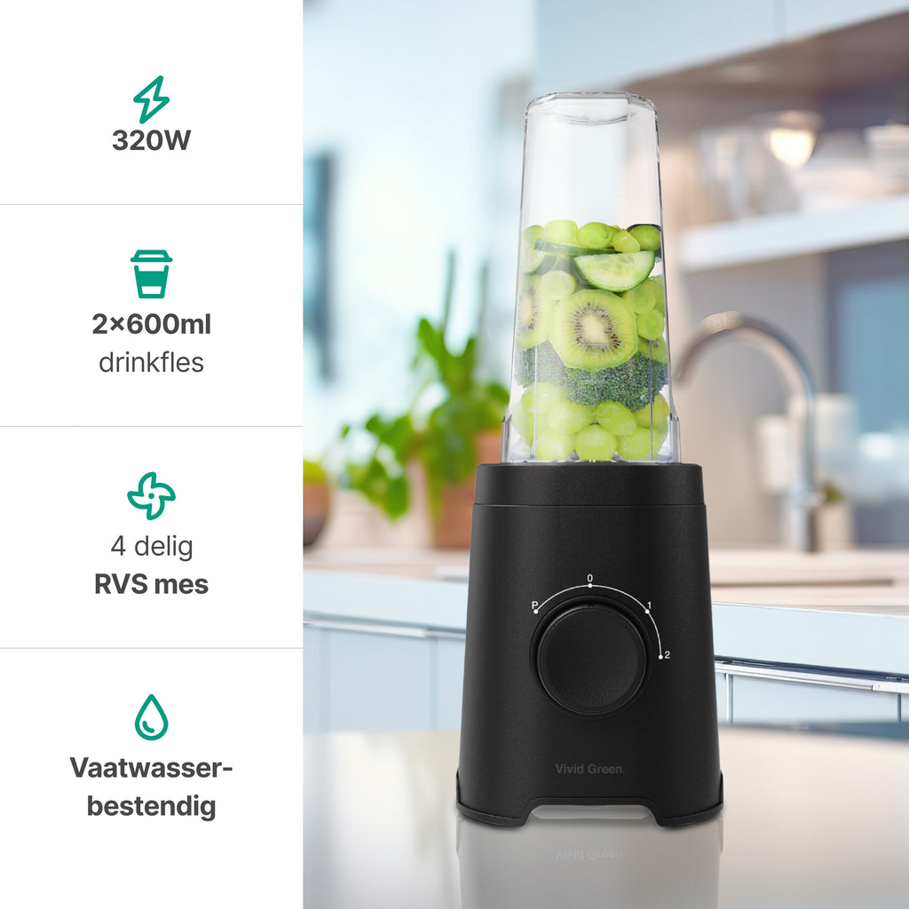 Smoothie Blender to go met 2x Beker 600ML – Maker - Zwart – Vivid Green