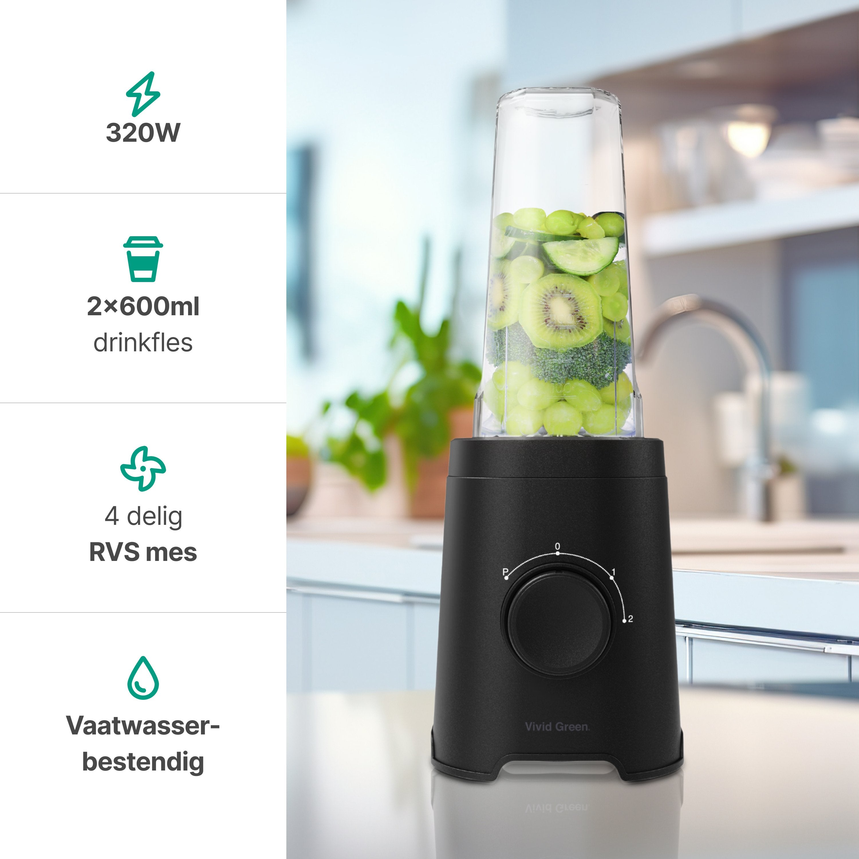 Smoothie Blender to go met 2x Beker 600ML – Maker - Zwart – Vivid Green