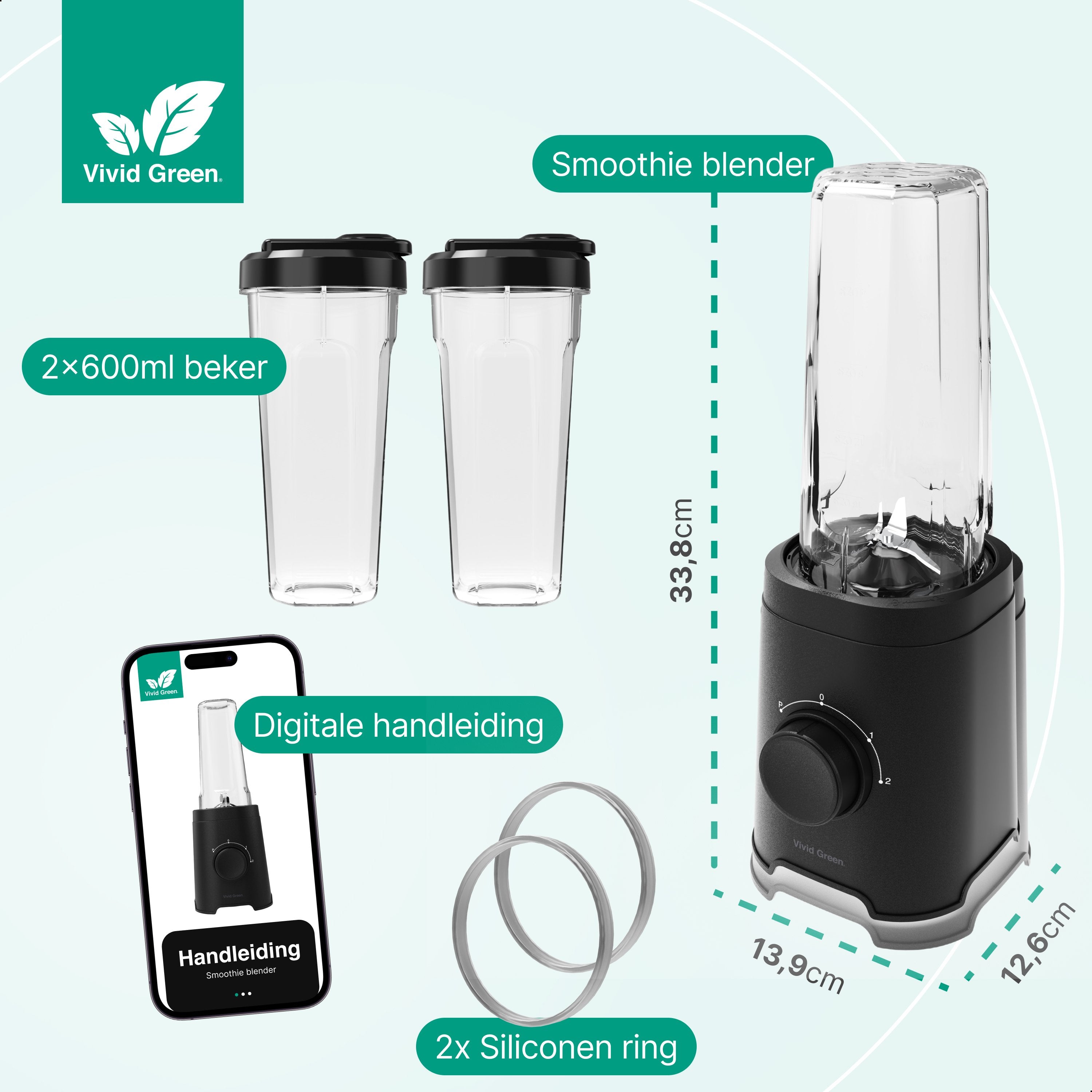 Smoothie Blender to go met 2x Beker 600ML – Maker - Zwart – Vivid Green
