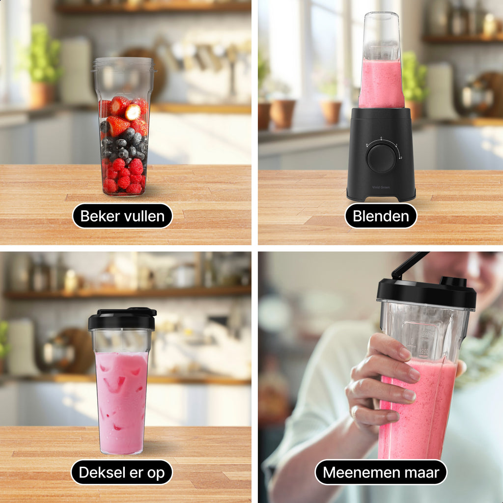 Smoothie Blender to go met 2x Beker 600ML – Maker - Zwart – Vivid Green