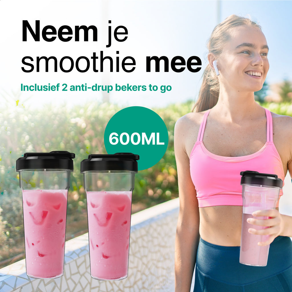 Smoothie Blender to go met 2x Beker 600ML – Maker - Zwart – Vivid Green