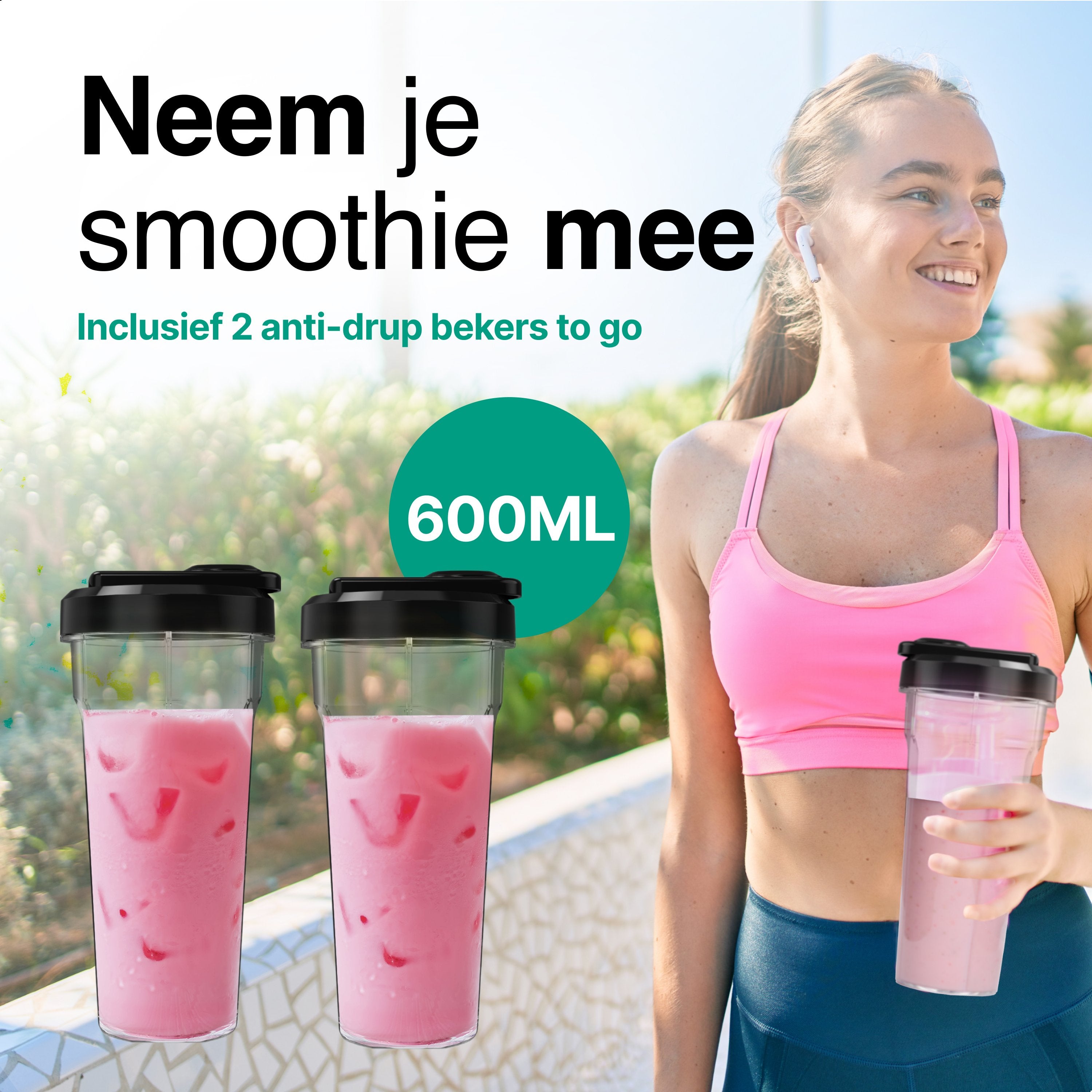 Smoothie Blender to go met 2x Beker 600ML – Maker - Zwart – Vivid Green