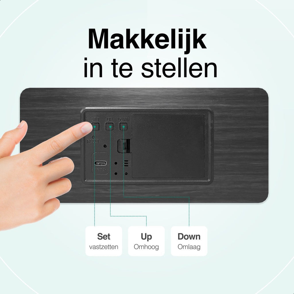 Vivid Green Houten Digitale Wekker met Draadloos Opladen - Wekkers Digitaal - Thermometer Functie - Alarm - QI Wireless Charger