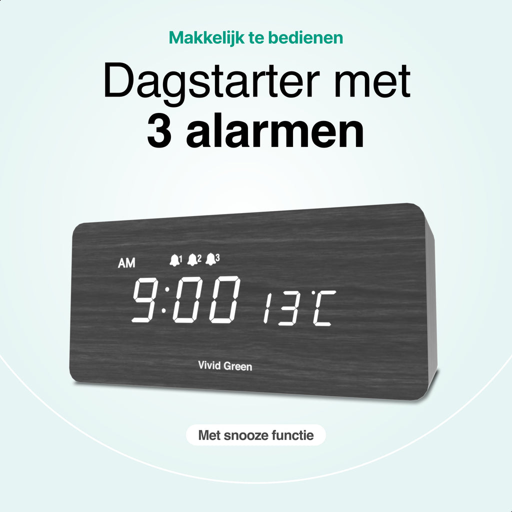 Vivid Green Houten Digitale Wekker met Draadloos Opladen - Wekkers Digitaal - Thermometer Functie - Alarm - QI Wireless Charger